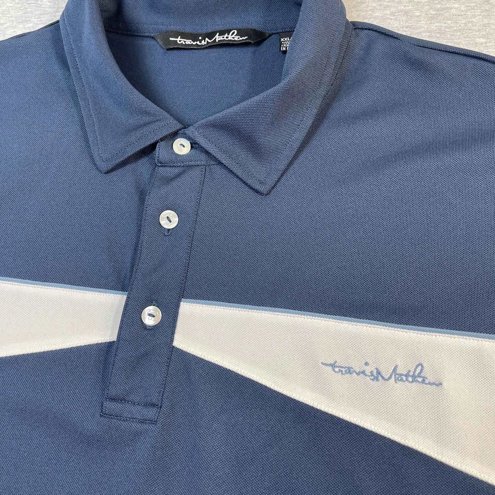 Travis Mathew Shirt Mens 2XL XXL Navy Blue White Chest Stripe Golf Polo Core Cut