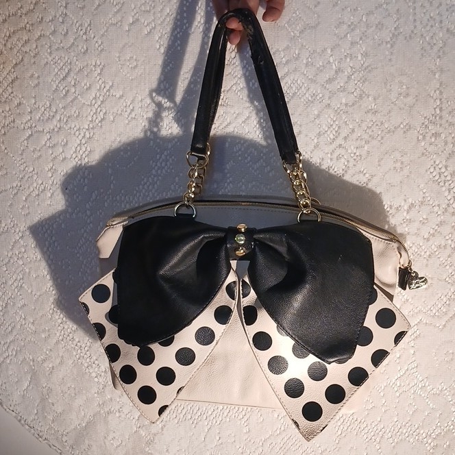Betsey Johnson Satchel Bow Polka Dot Gold Hardware Detachable Strap