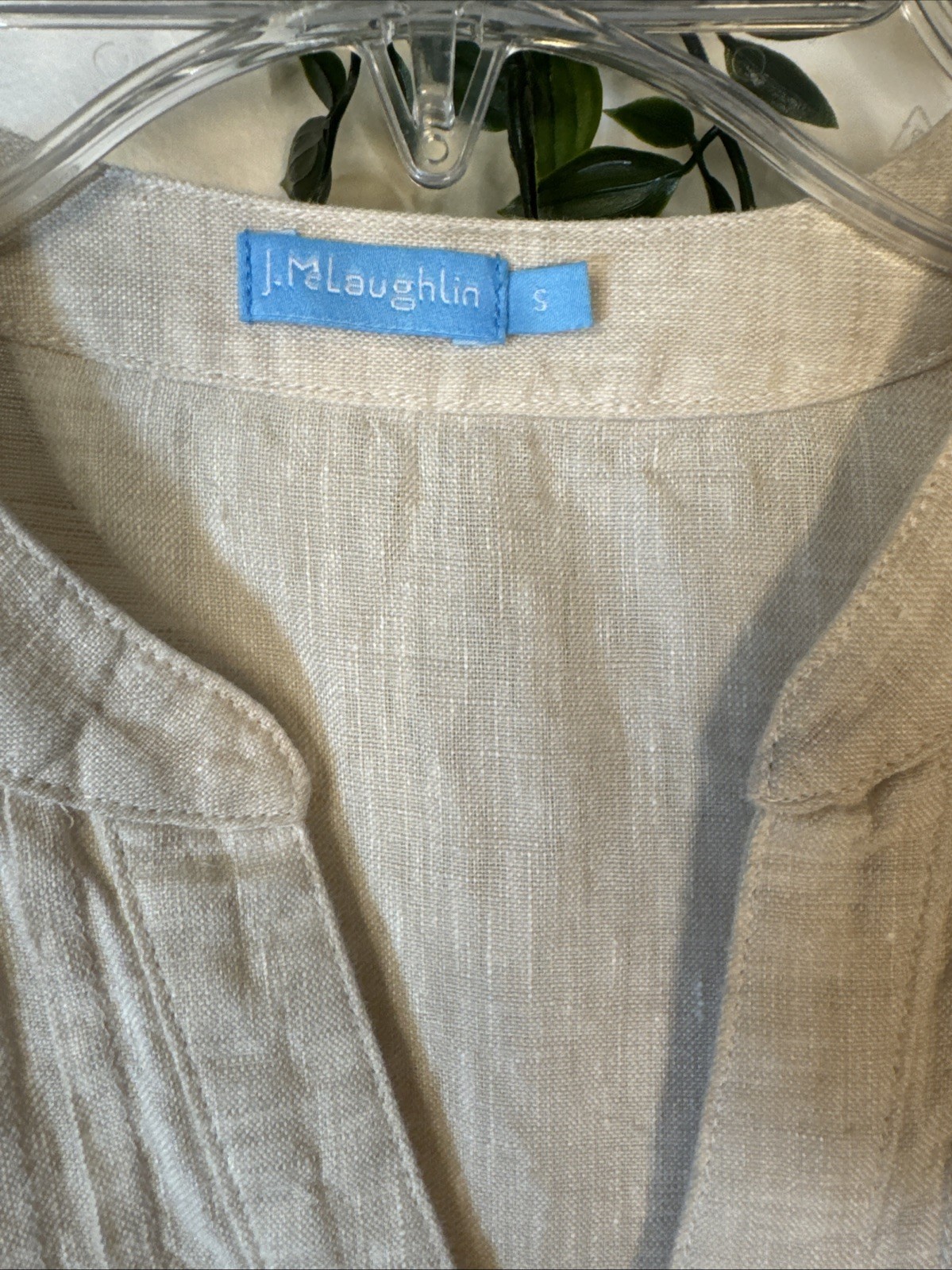 J. McLaughlin Riviera Linen Dress 3/4 Sleeve Pintuck Button Front Beige Tan Sz S