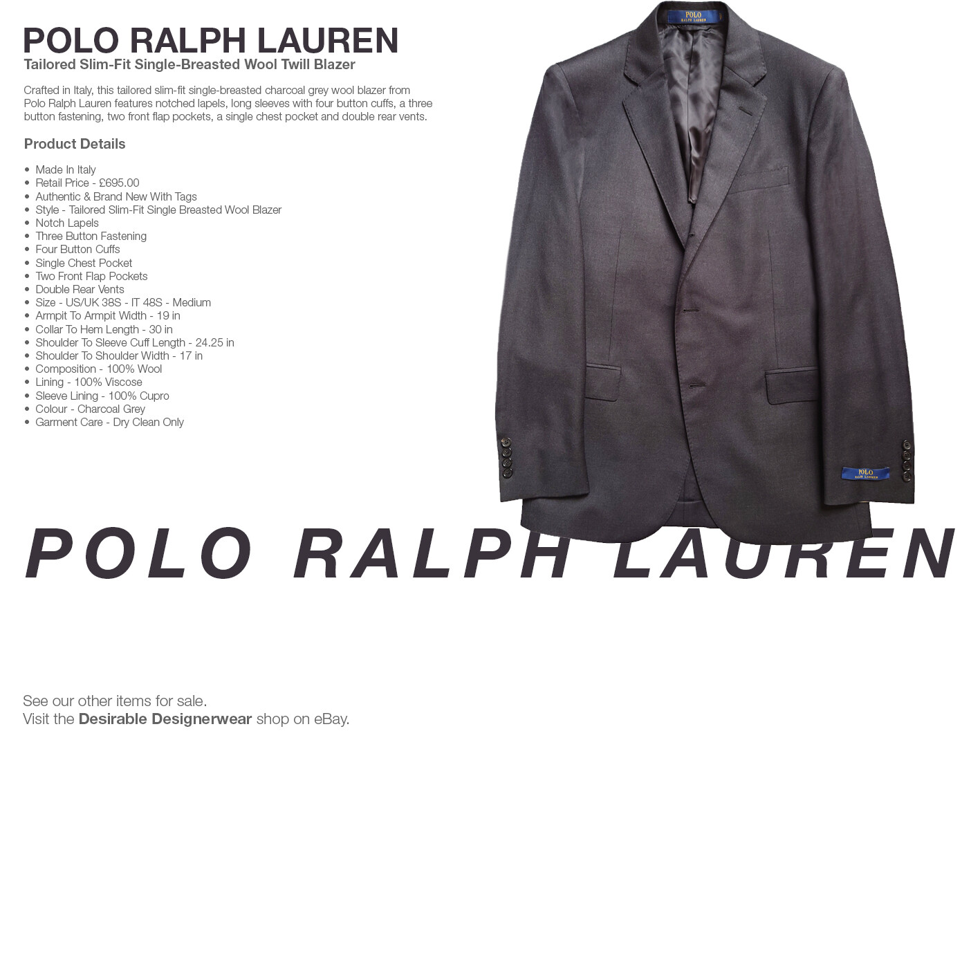 POLO RALPH LAUREN Blazer Jacket Wool Single Breasted Grey Size 48 – RP £695.00