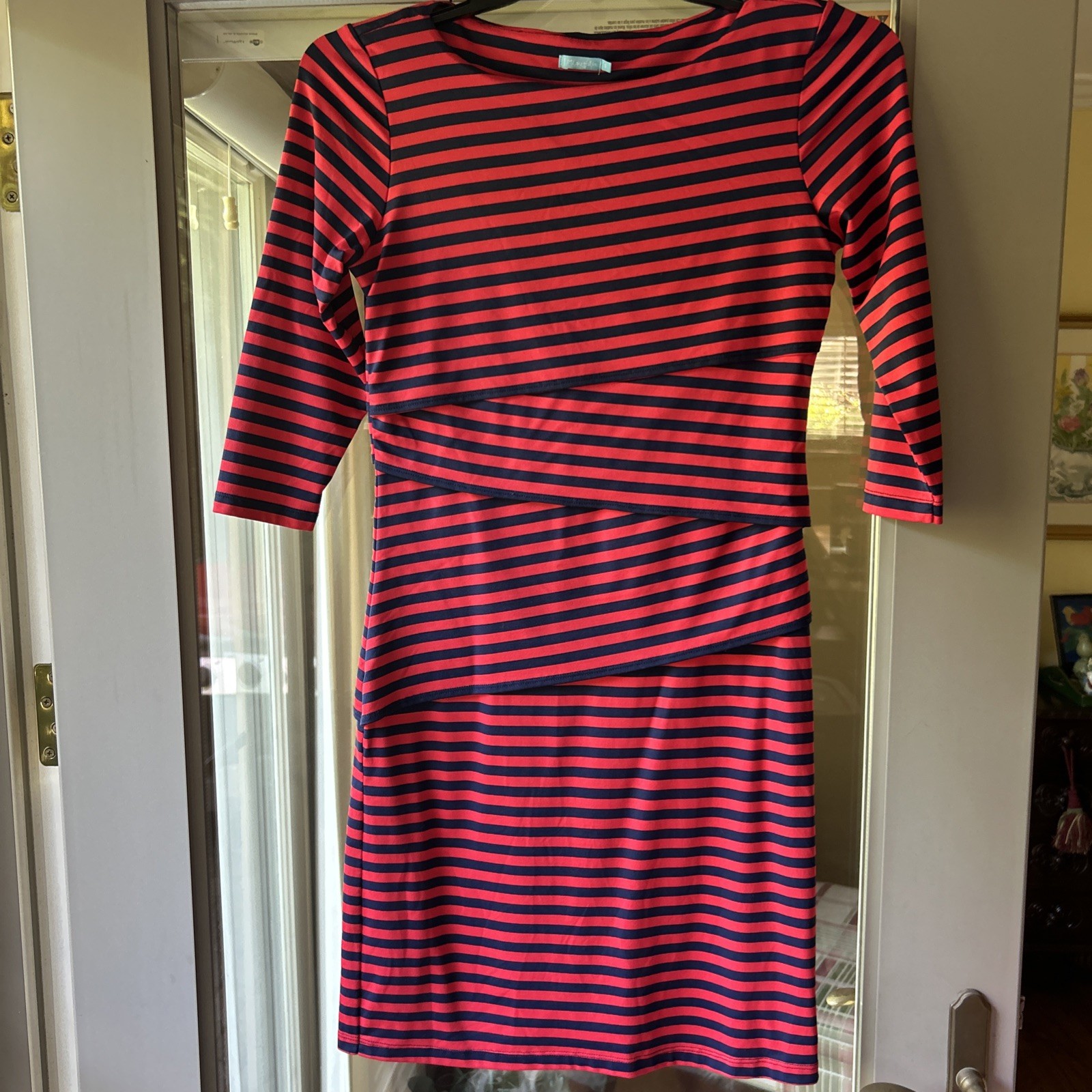 J. McLaughlin Tiered Dress Size S Navy and Red Stripes Catalina Cloth EUC