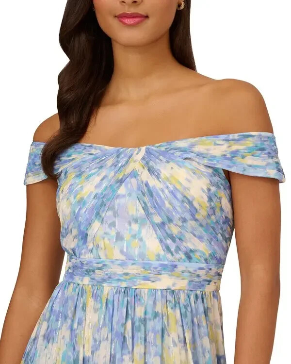 Adrianna Papell Blue Chiffon Floral Print Off-the-Shoulder Dress Size 8 $279