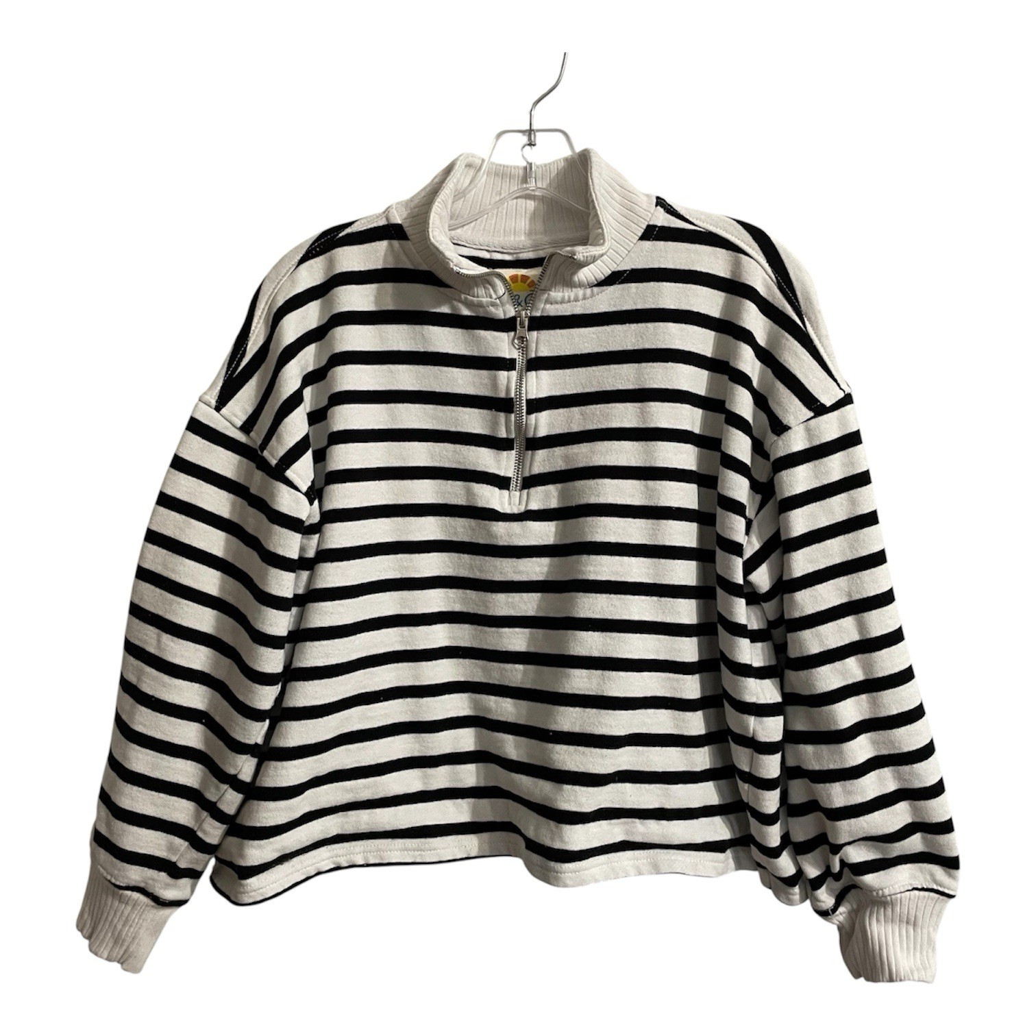 C & C California Nautical Striped 1/4 Zip Mock Neck Sweatshirt Sz L Black White