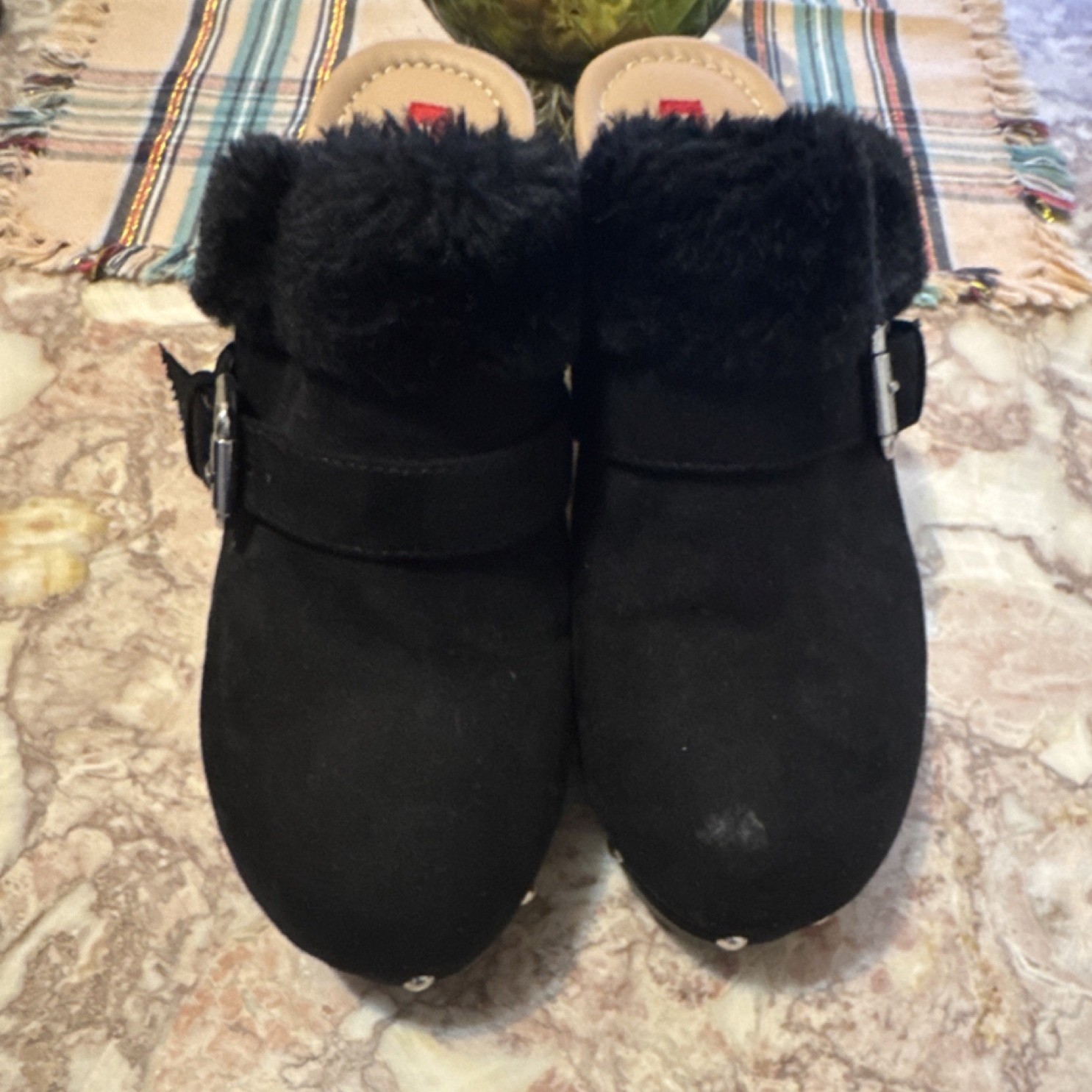 UNIONBAY Black Faux Suede Closed Toe Block Heel Mules Buckle Fur Trim Studded
