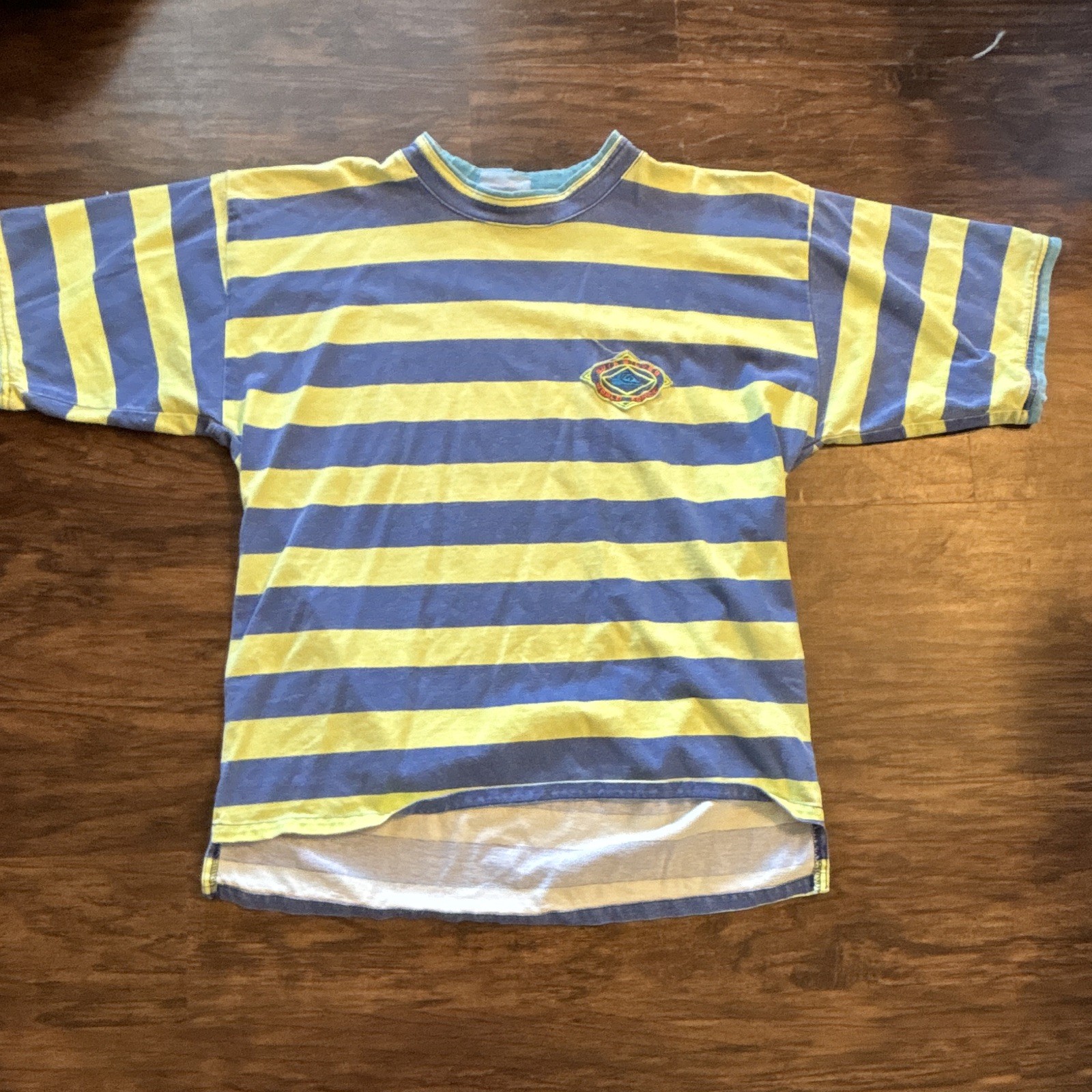Vintage Made in USA Quiksilver World Force Lime Green Blue Striped Surf Tee
