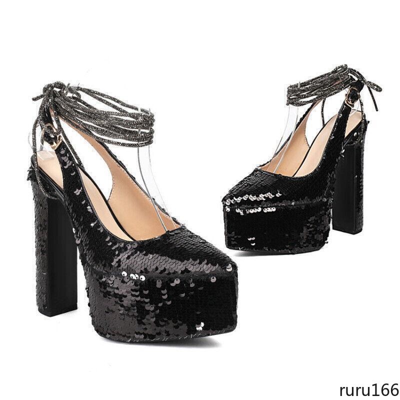 Women Sequin Platform Slingback Square Toe Block High Heel Buckle Pumps shoes