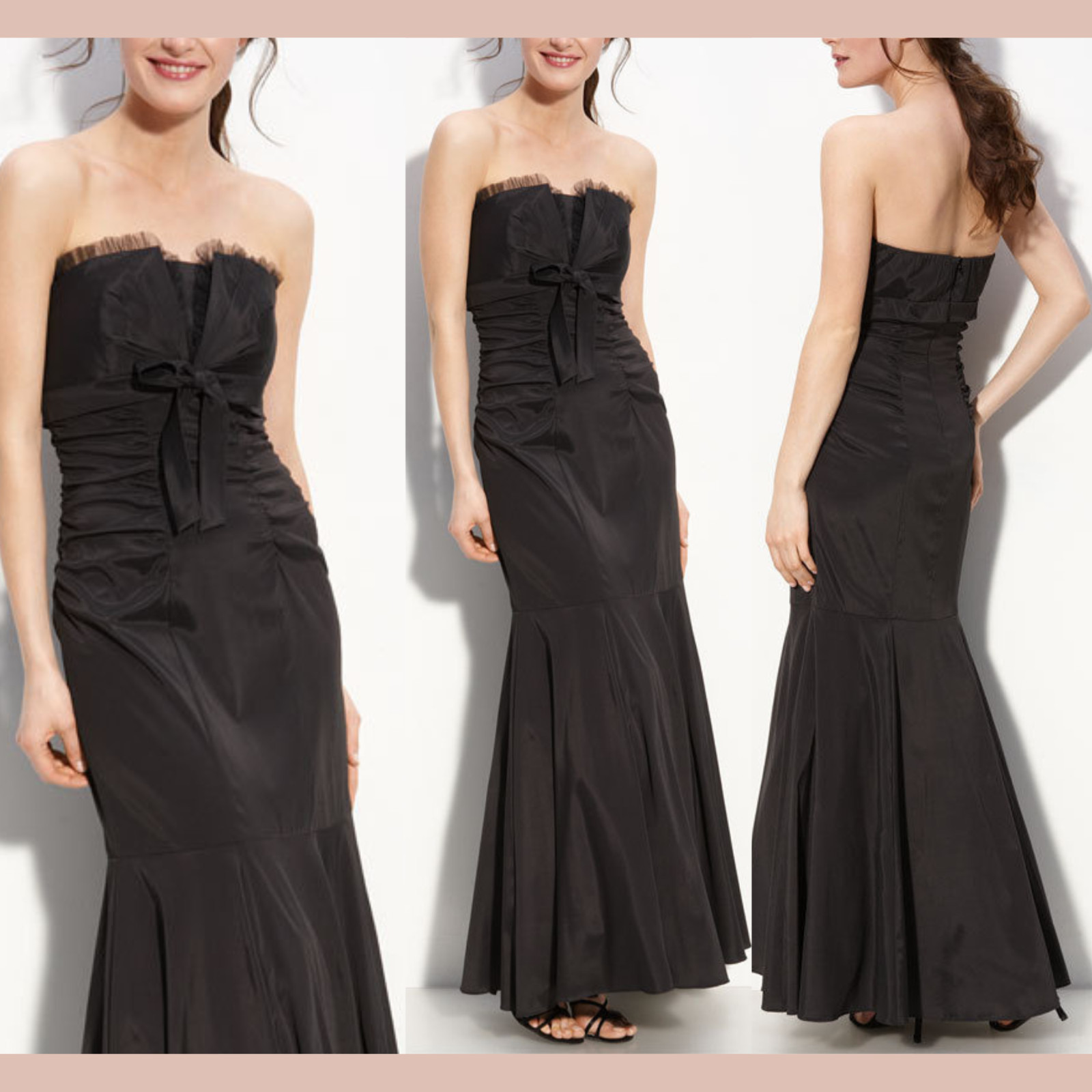 NEW XSCAPE [ 6 ] Strapless Taffeta Mermaid Gown with Bow Detail in Black #Q1201