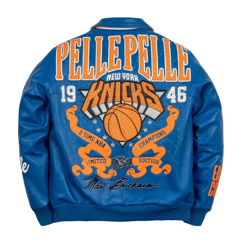 Pe lle Pe lle x Fisll New York K nicks Cowhide Leather Varsity Jacket Basketball