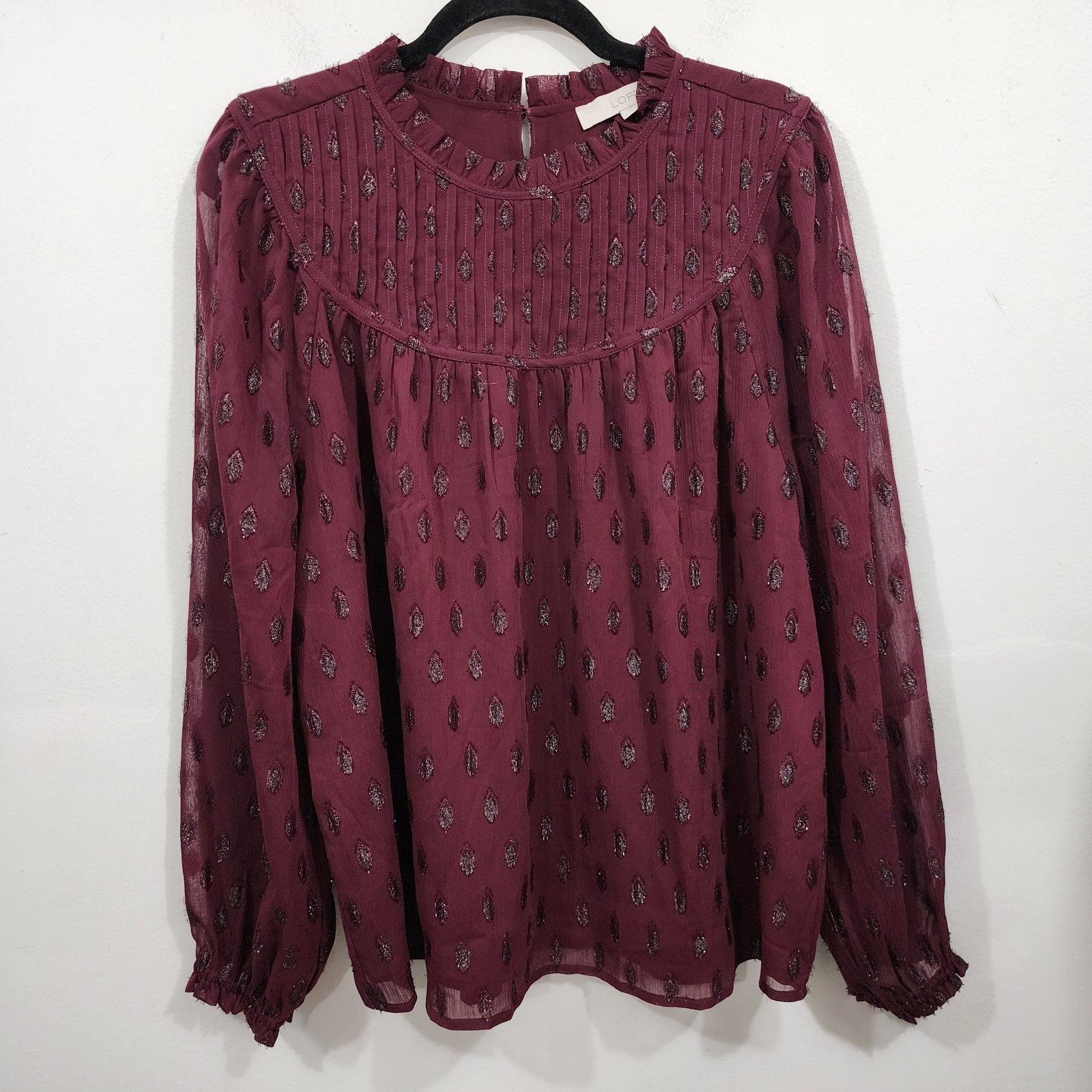LOFT Shimmer Vine & Geo Clip Pleated Yoke Tops Set Womens L Long Sleeve Sheer