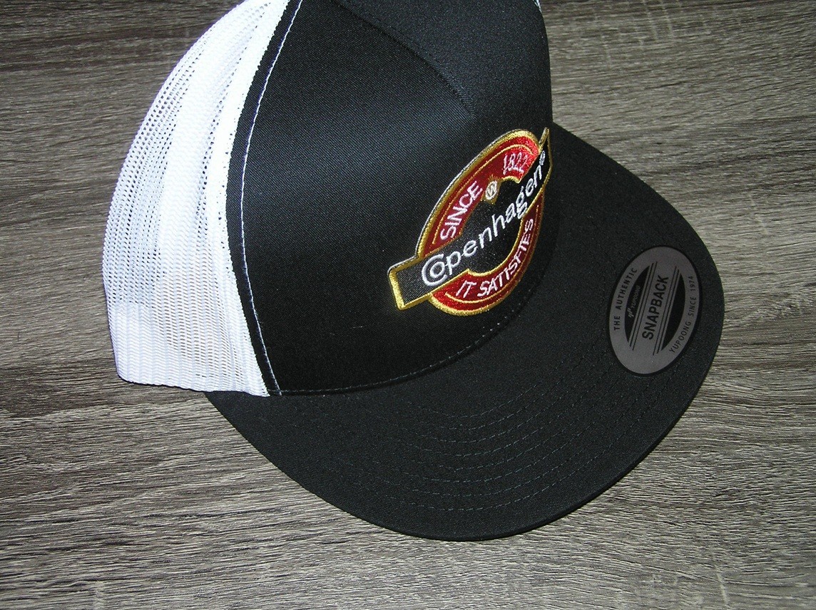 Copenhagen Retro Patch on Trucker Hat Yupoong Classic 6006 Snapback Black/White
