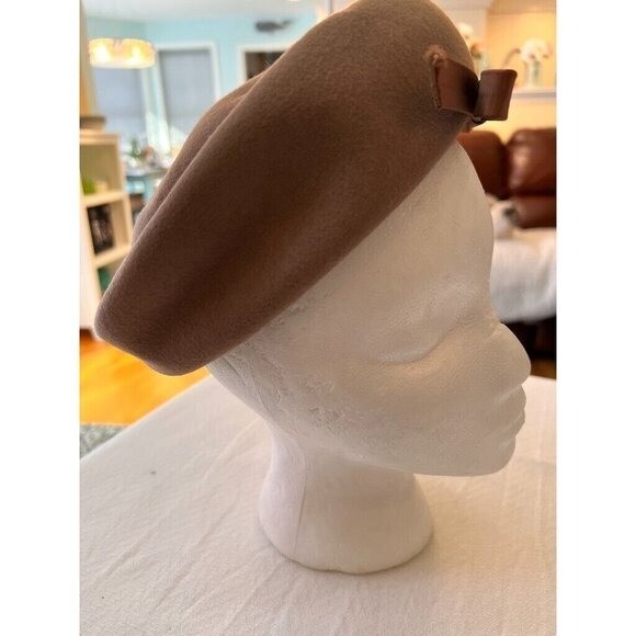 Vintage Hat Tan Beige with Bow Peachfield Imported Velour Union Made