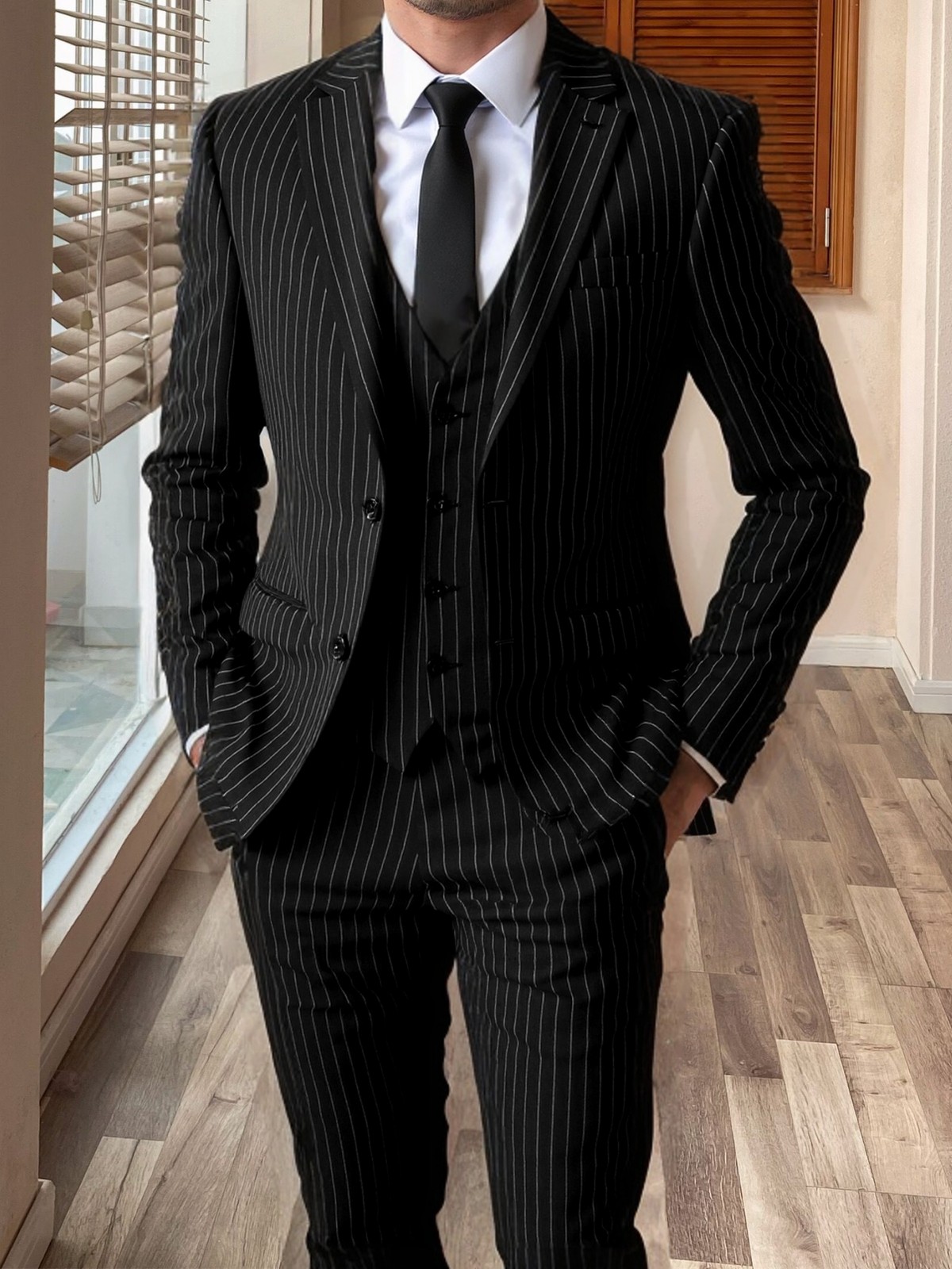 Men’s Regular Fit 3 Piece Pinstripe Suit Waistcoat Wedding Business Formal Set