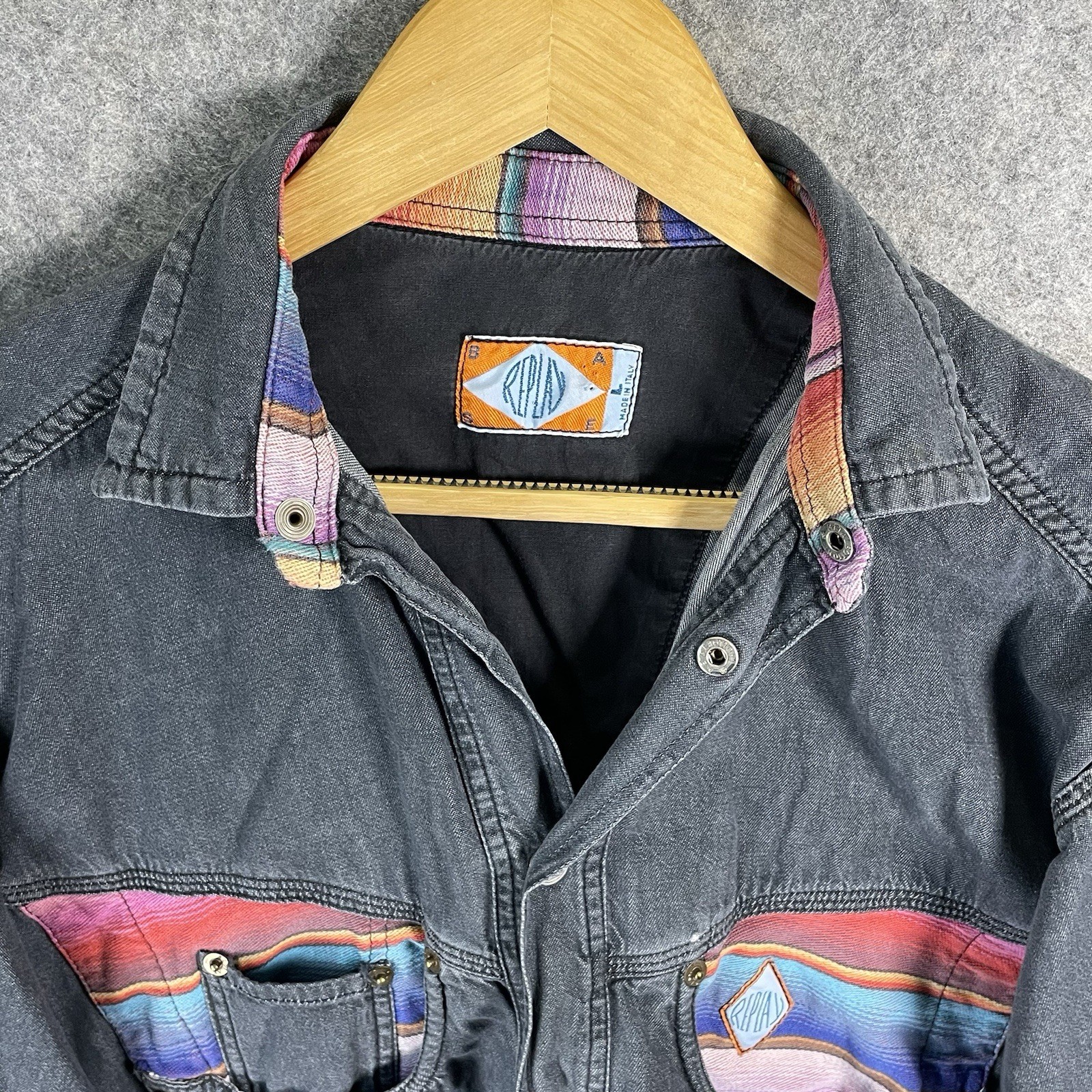 Replay Denim Chore Jacket Mens Large Grey Multicolour Aztec Panel Button Up