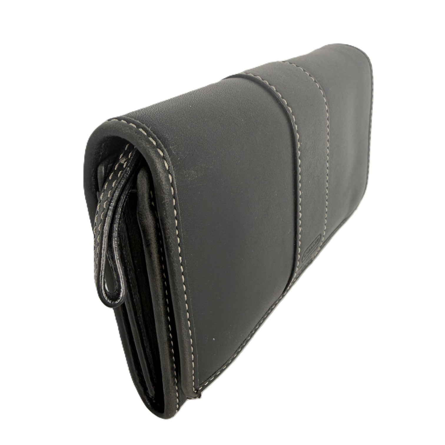 Coach Leatherware Black Leather Wallet Organizer White Stitch Zip Coin Holder