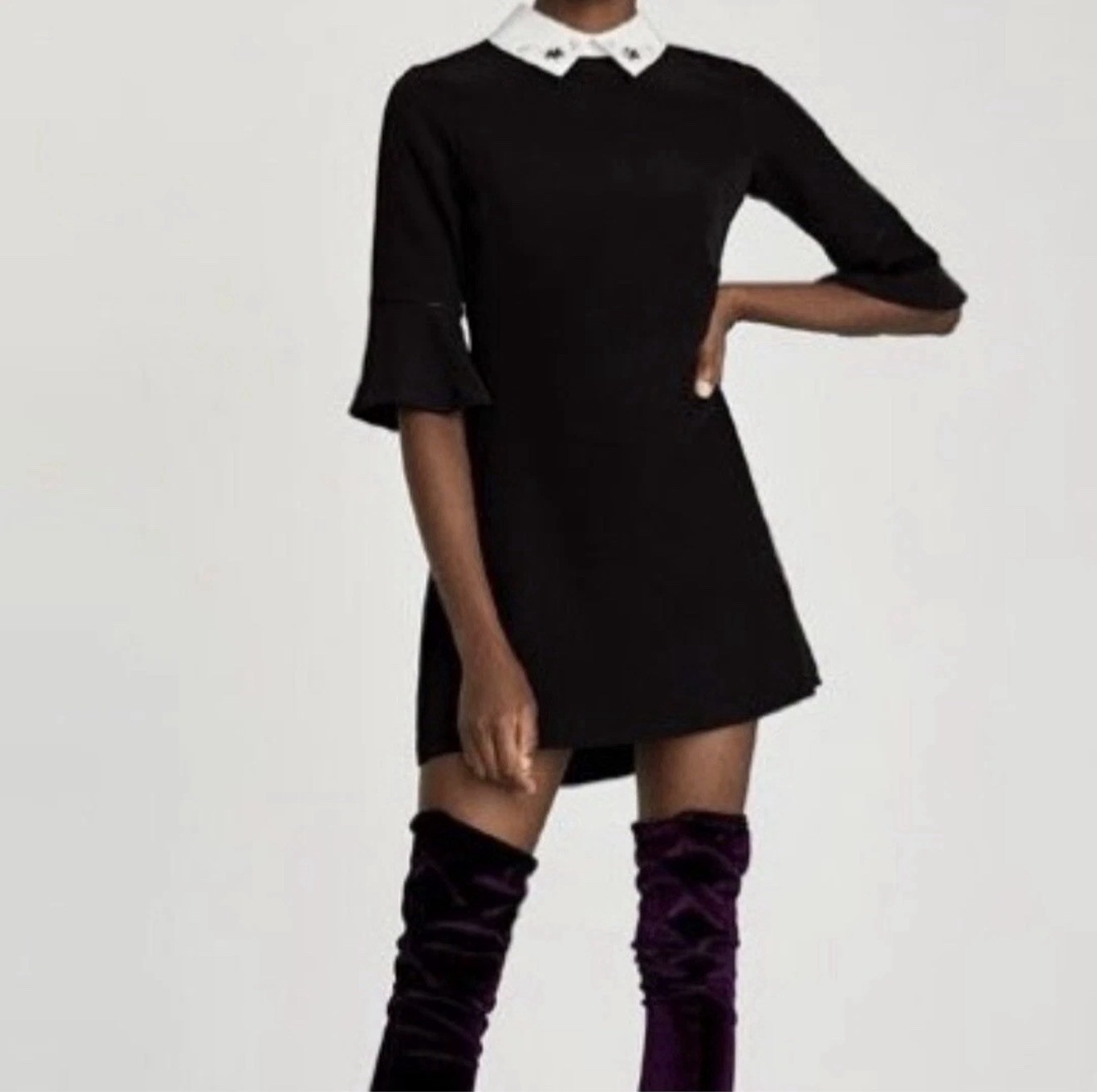 Women’s Black A-Line Knee Length Dress M, White Embroidered Collar Bell Sleeves