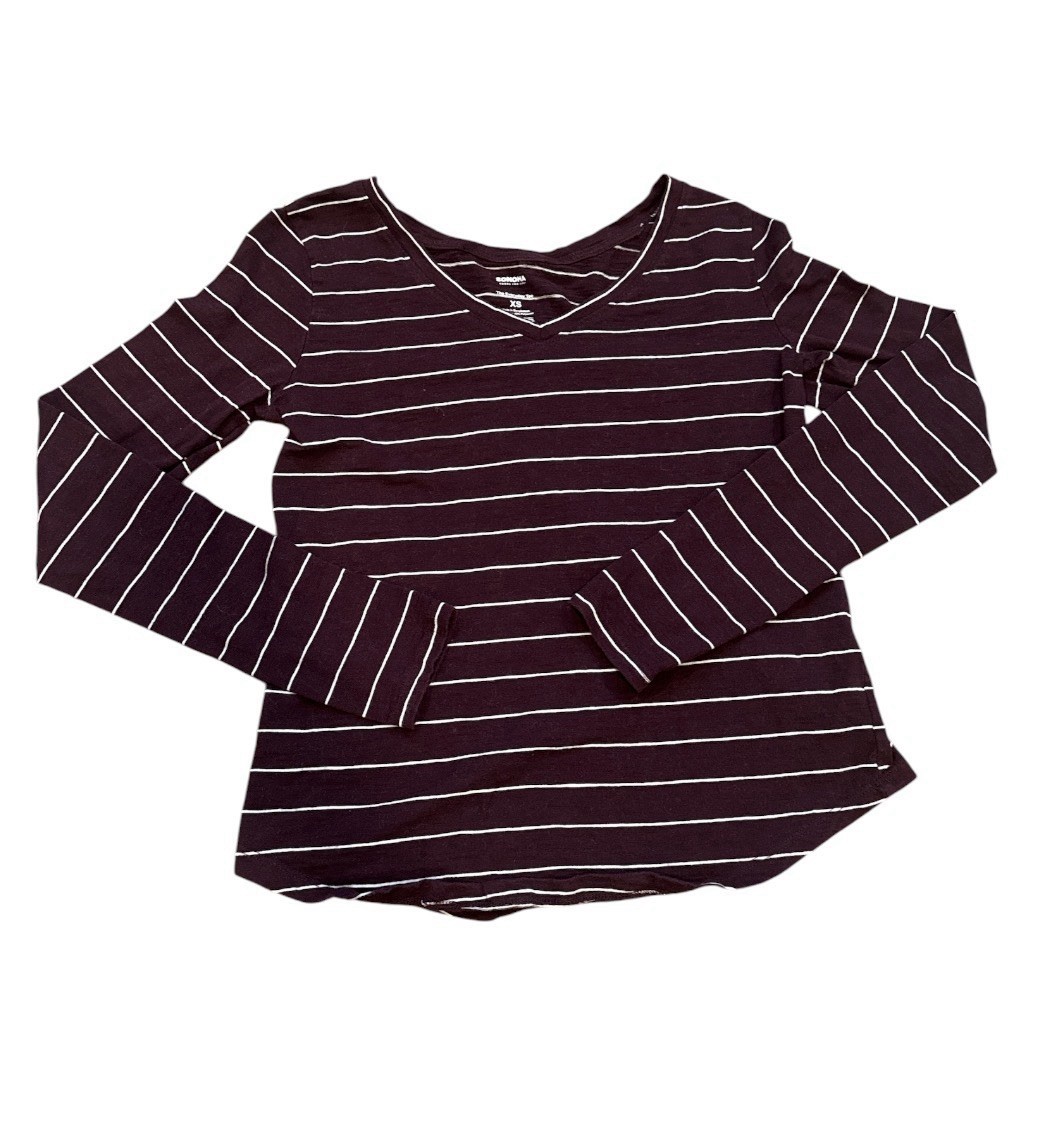 Sonoma Burgundy White Striped Knit Cotton Blend V-Neck Long Sleeve Tee XS