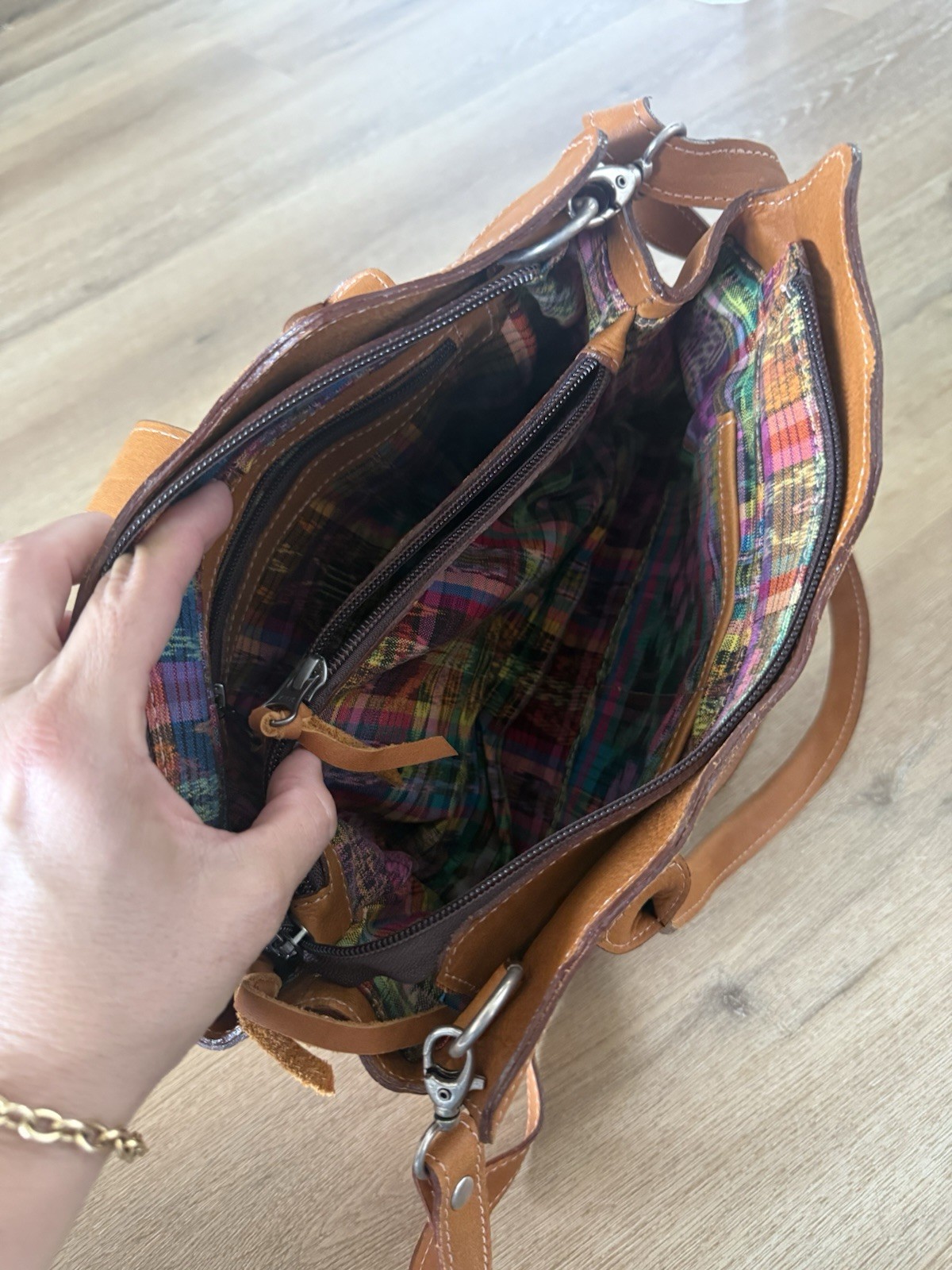 Brown Multicolor Geometric Satchel Top Handle Bag w/ Detachable Crossbody Strap