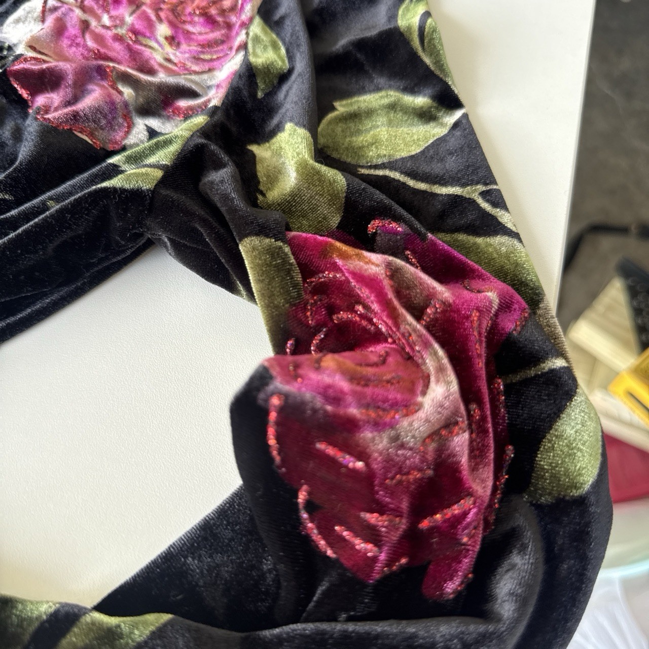 Brownstone Studio black velvet red 3d floral cardigan jacket