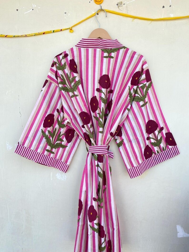 Indian Pink Floral Cotton Robe Short Kimono Sleepwear Night Suit Kimono Robe US