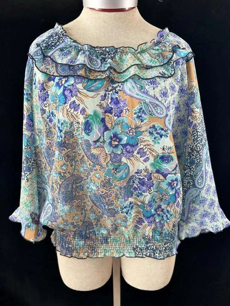 Nicola blouse top size M 3/4 sleeve multicolor floral elastic waist ruffles