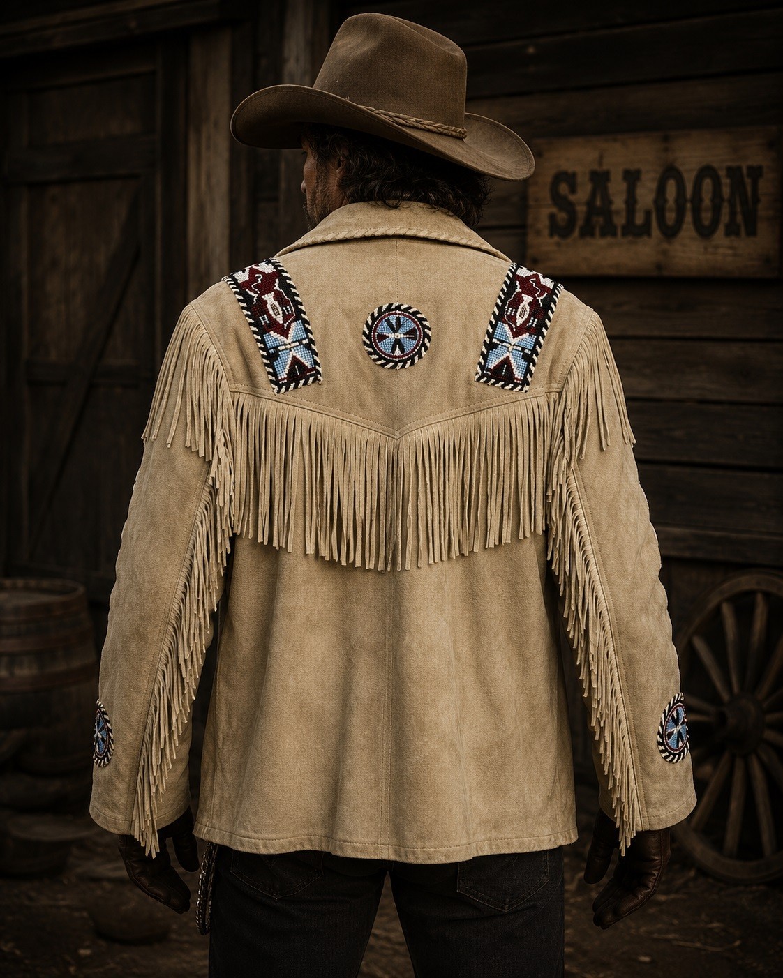 Men Western Cowboy Suede Fringe Jacket Beaded Native American Leather Jacket