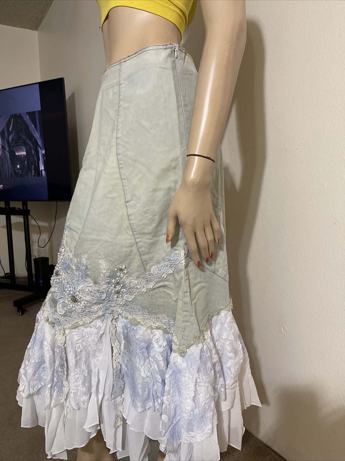 Light Blue White Denim Hippie Boho Beaded Embroidery Lace Size L(8-10) Skirt 710