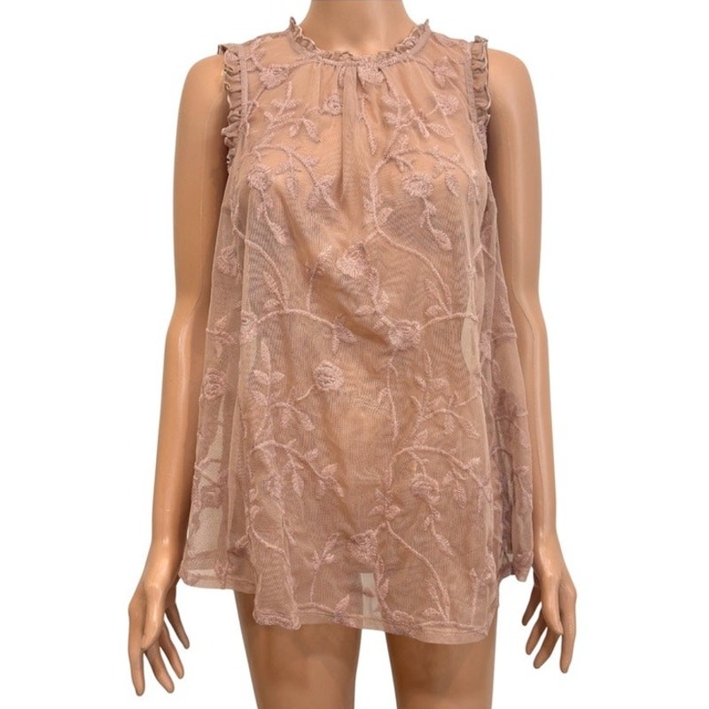 Torrid 00 embroidered mesh mock neck ruffle sheer top TB2 3557