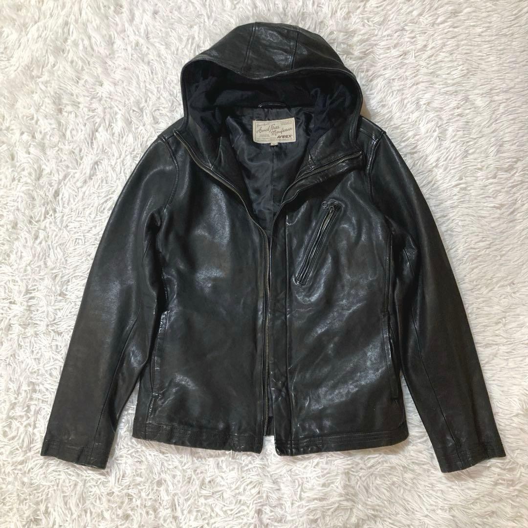 AVIREX Lamb Leather Hooded Jacket Blouson Coat Men Size M Black Genuine