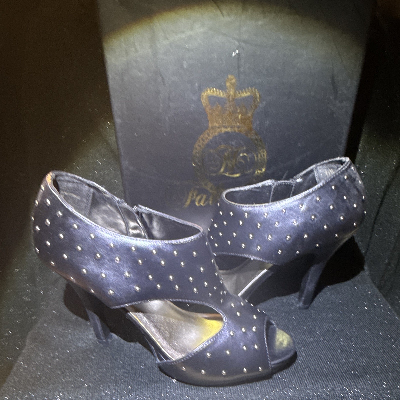 Fabulosity Women’s Black Studded Open Toe Ankle Strap Zip Stiletto 7.5M