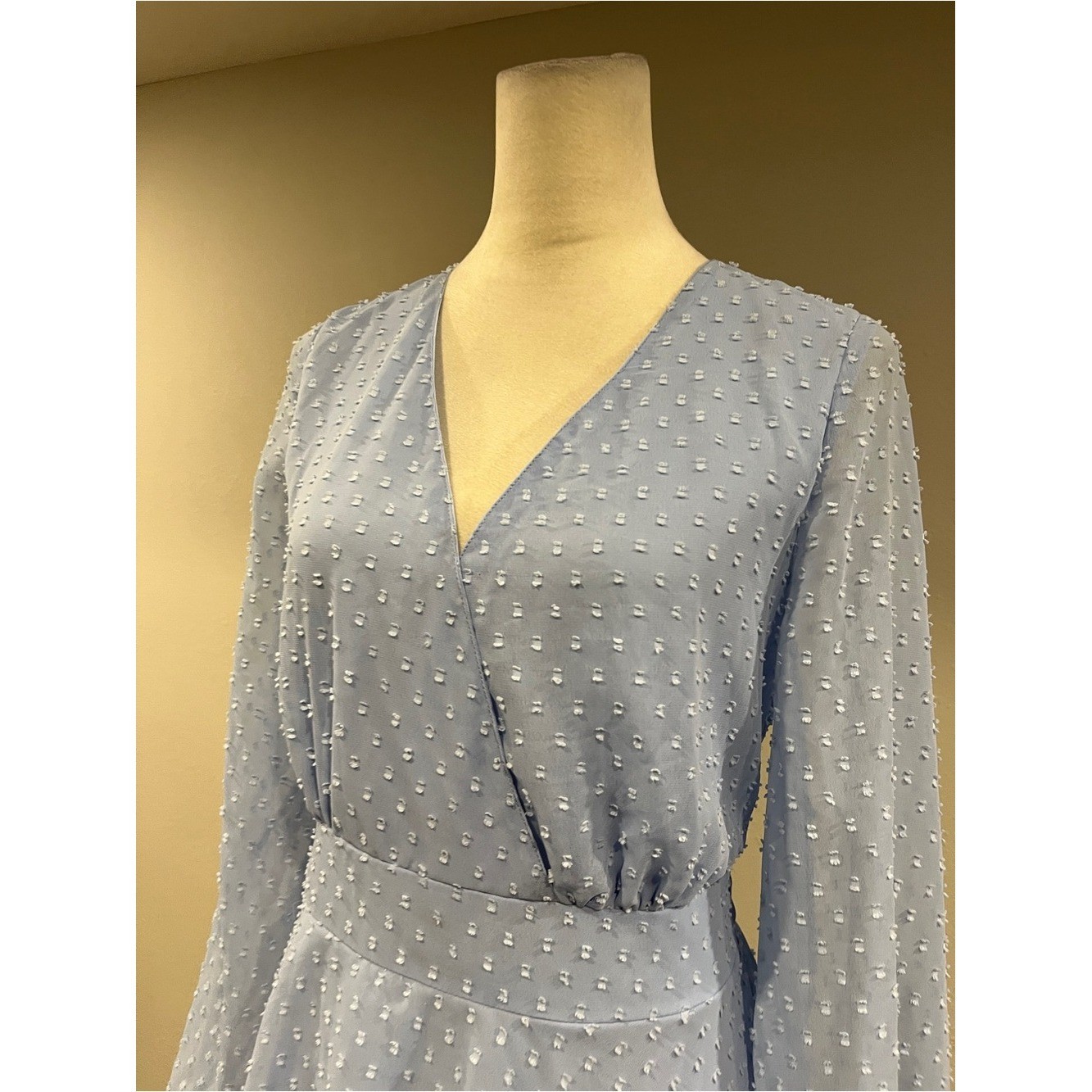 Japan Light Blue Swiss Dot long sleeves fake Wrap mini Dress size large