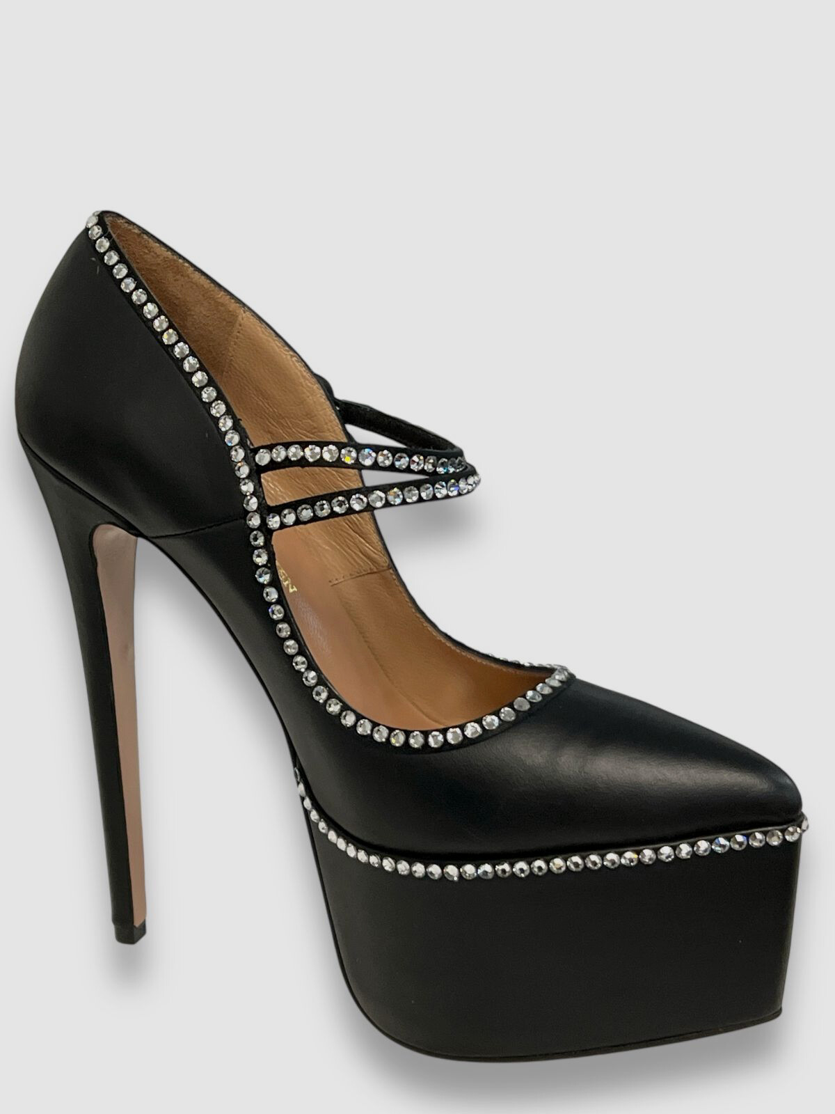 $750 Andrea Wazen Womens Black Double Jeu Glitz Mary Jane Platform Pumps Size 37