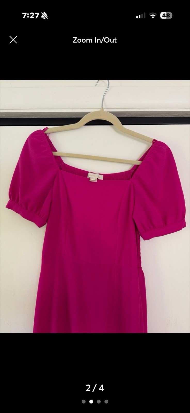 Monteau Los Angeles Pink Smocked Stretch Square Neck Puff Sleeve Midi Dress S