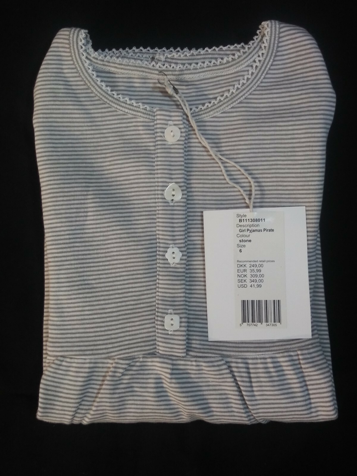 New Wheat Danish Design Girls Pyjama Set Size 6 Gray Stripe 100% Cotton