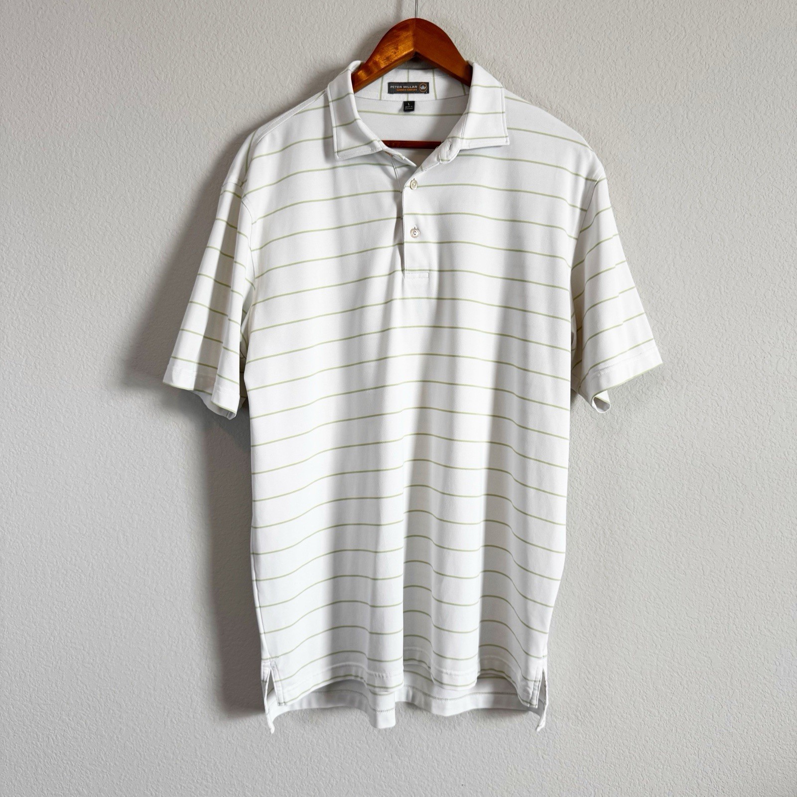 Peter Millar Men’s White Green Striped Summer Comfort Short Sleeve Golf Polo L
