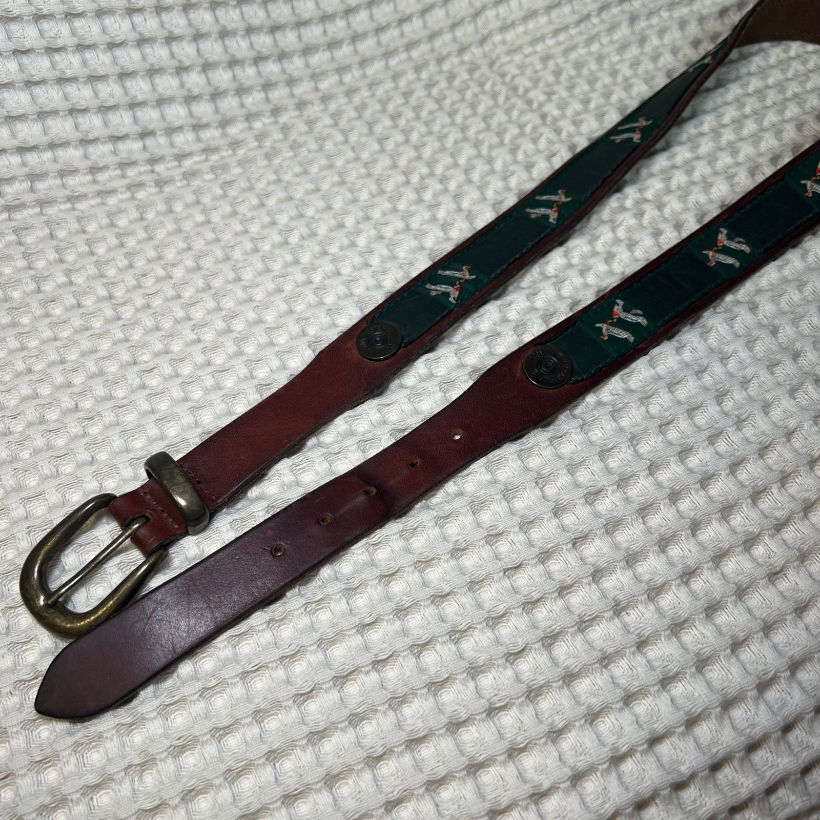Thompson Leather Exeter NH Pheasant Embroidered Belt Winchester Shells Brown 34