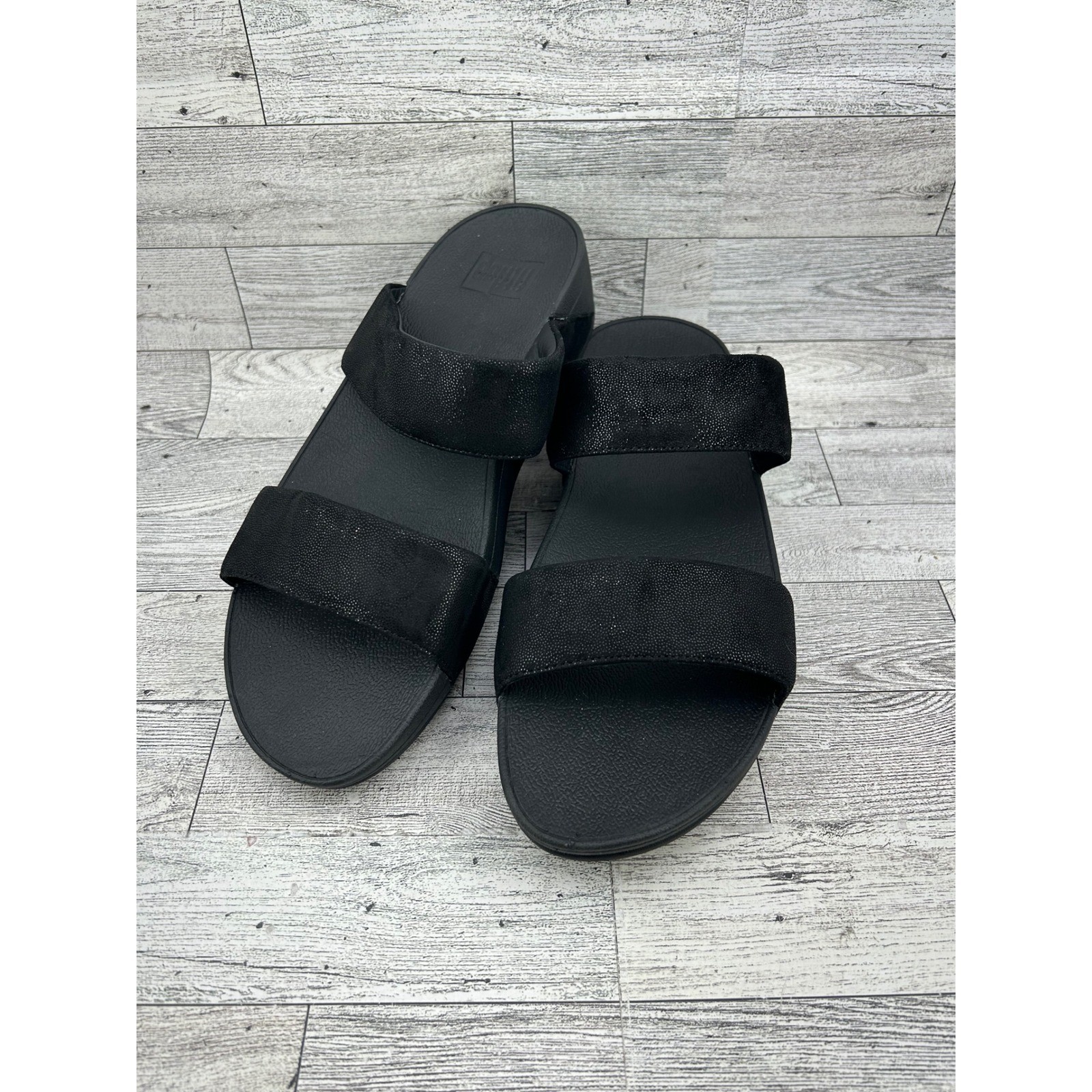 FitFlop Lulu Shimmer Suede Slide Sandals Black Microwobbleboard Women Size 9