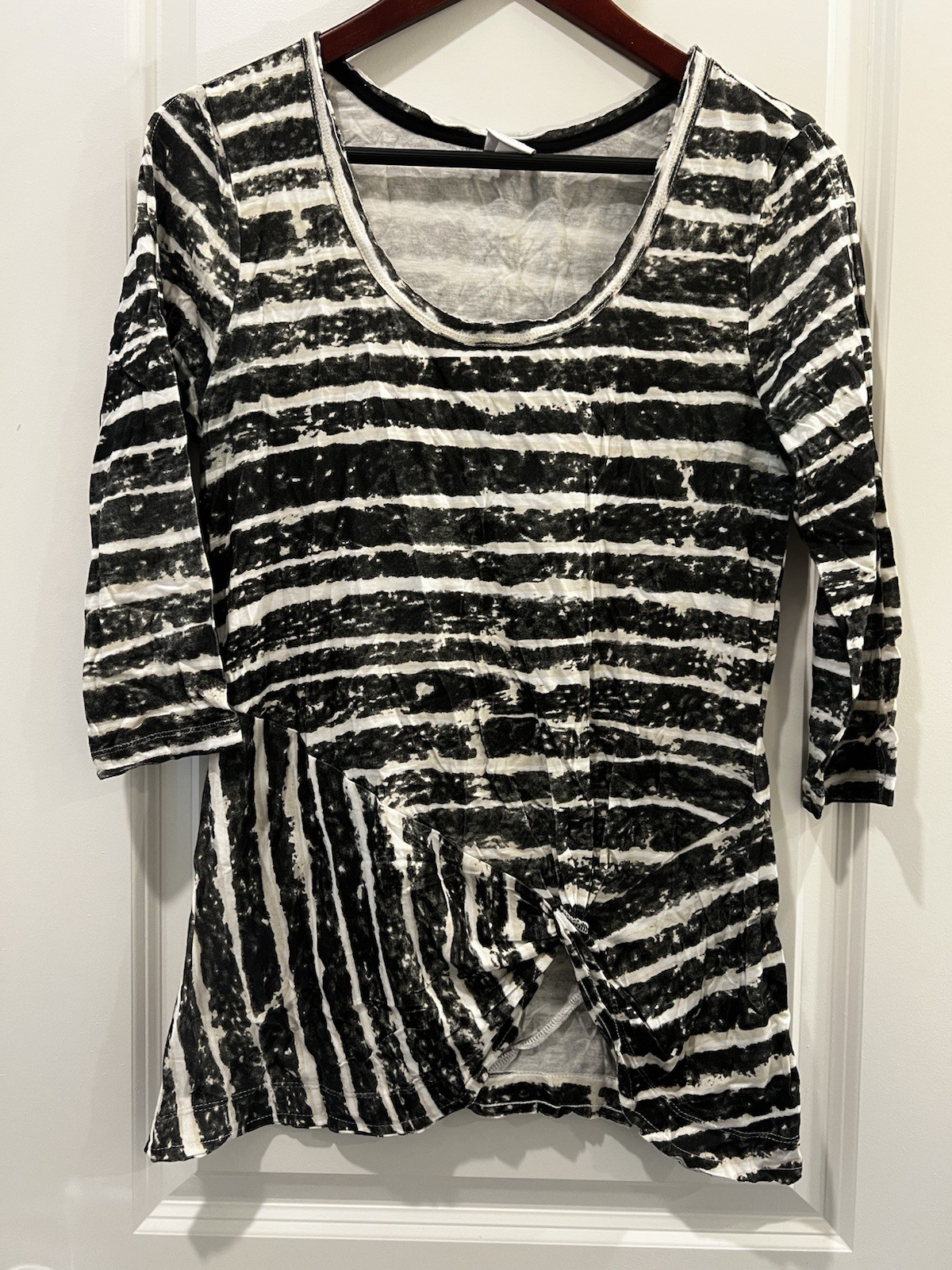 Black White Striped 3/4 Sleeve Top Scoop Neck Asymmetric Knot Front Tunic Sz [L]
