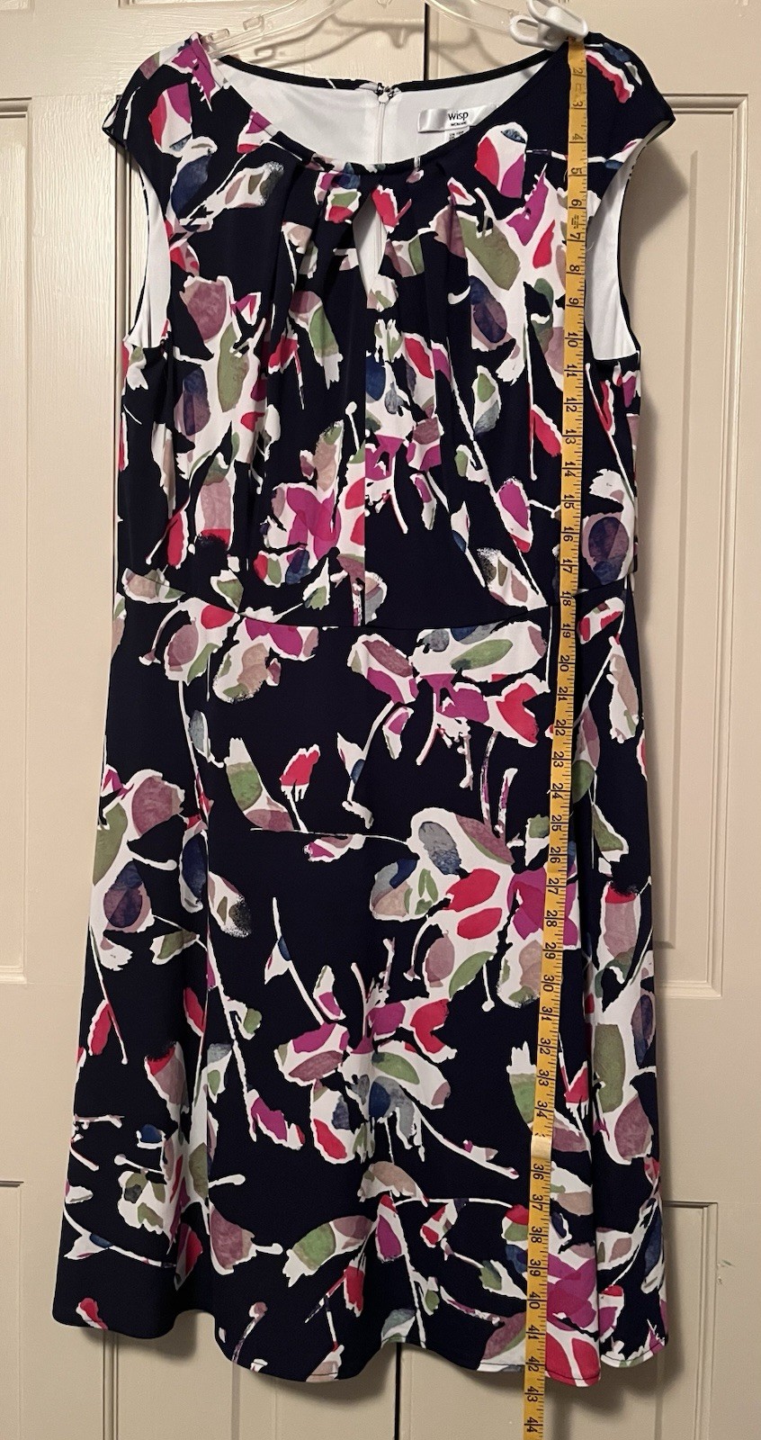 WISP Dress 18W Graphic Floral dk Navy White Pink Green Key-hole neck Cap Sleeves