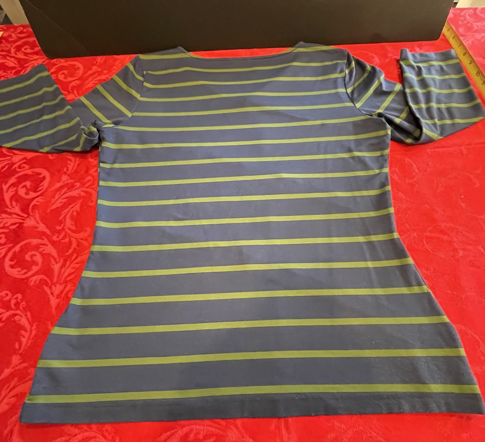 J. McLaughlin Blue w Green Stripes Catalina Cloth Layers In Front Sz Med 3/4 Sle