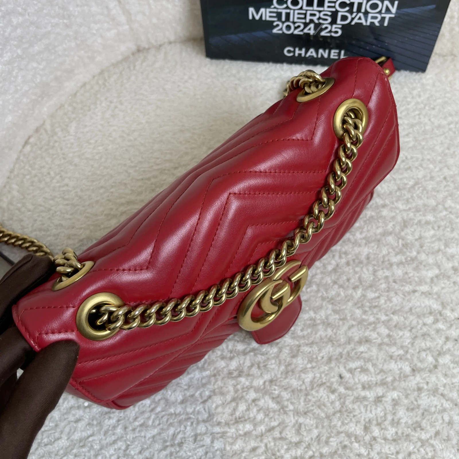 Gucci GG Marmont Red Leather Shoulder Bag Gold Hardware