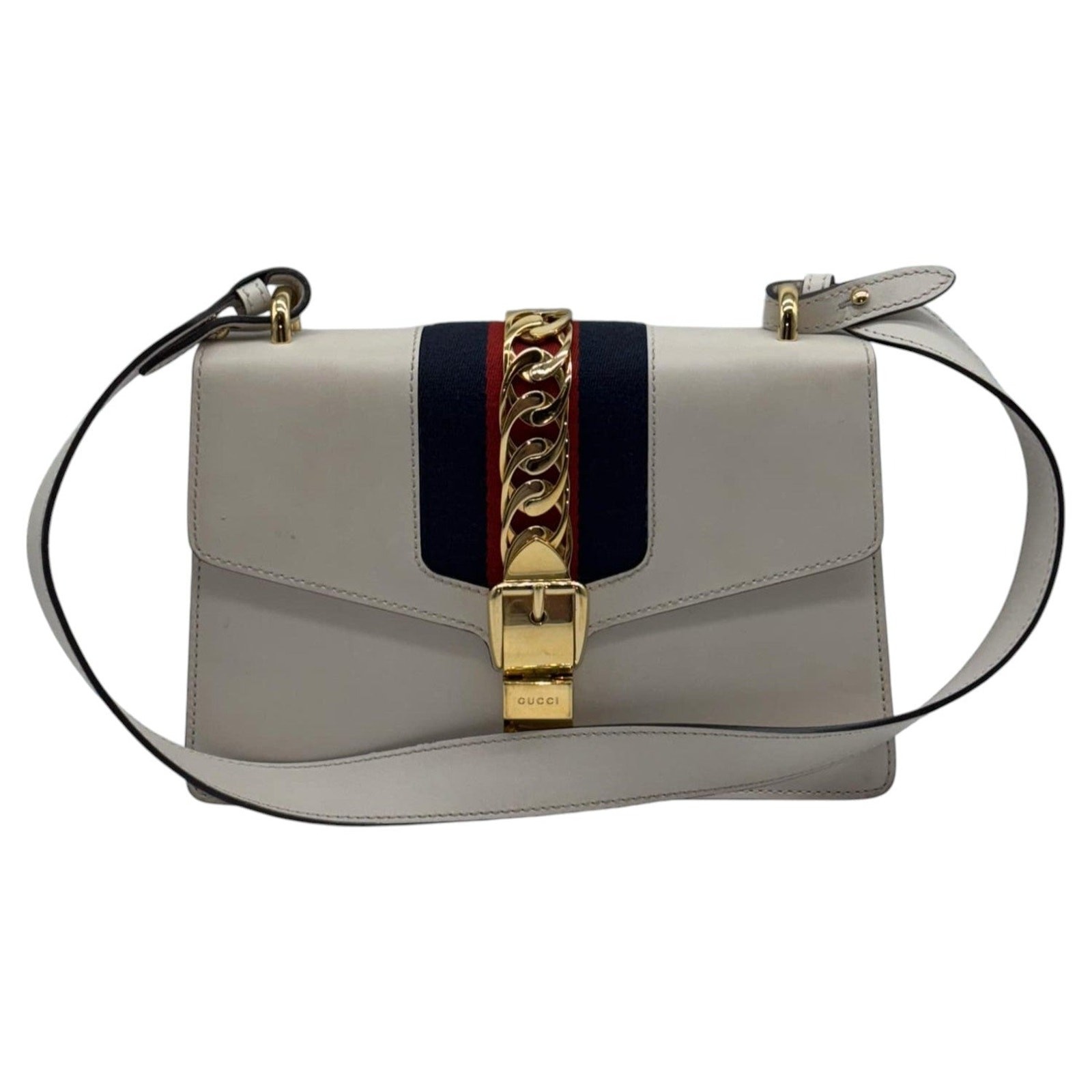 Gucci Sylvie Small Calf Skin Shoulder Bag In Off White