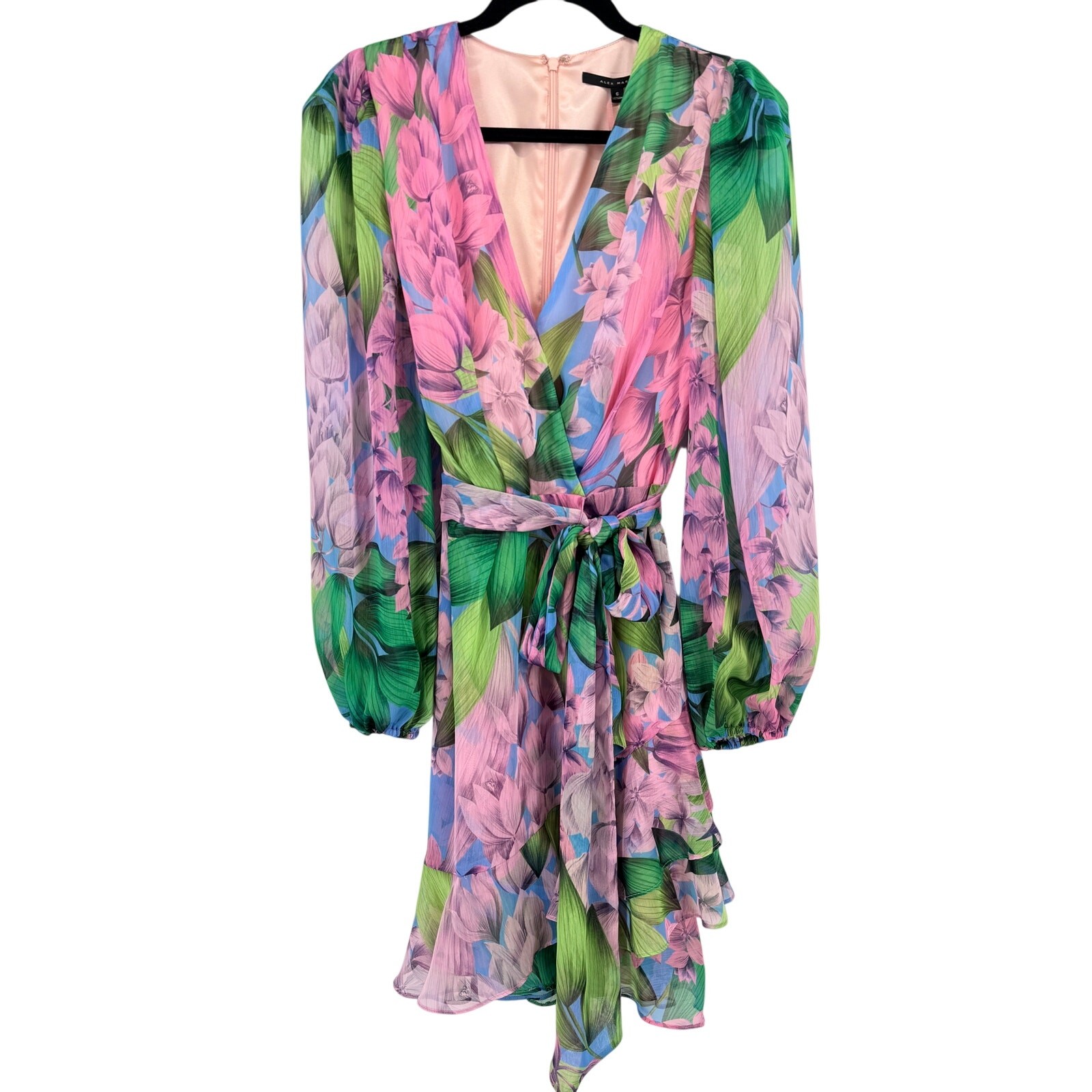 Alex Marie Laurel Chiffon Floral Wrap Dress Wisteria Pink Blue Womens Size 6