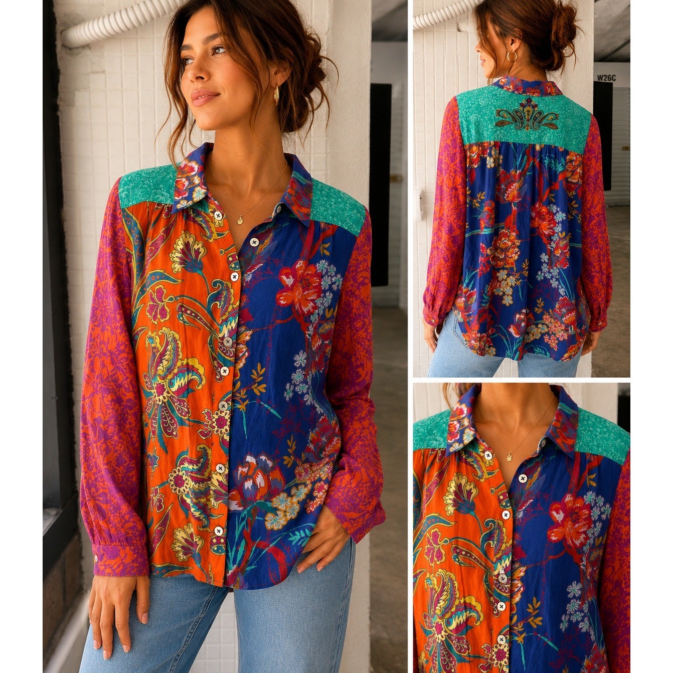 Soft Surroundings Mixed Floral Paisley Patchwork Button Down Tunic Top M 2FR26