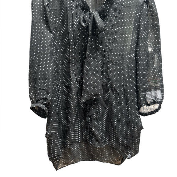 Black Chiffon Sheet Polka Dot Button-Up Bow Neck Blouse Large