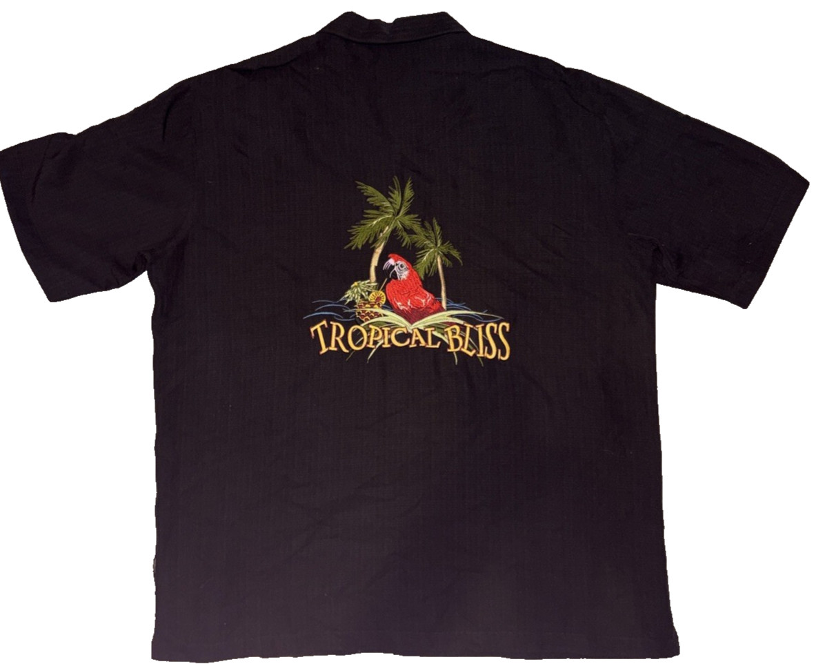 Solitude Mens XL Black Tropical Bliss Embroidered Parrot Cotton Camp Shirt