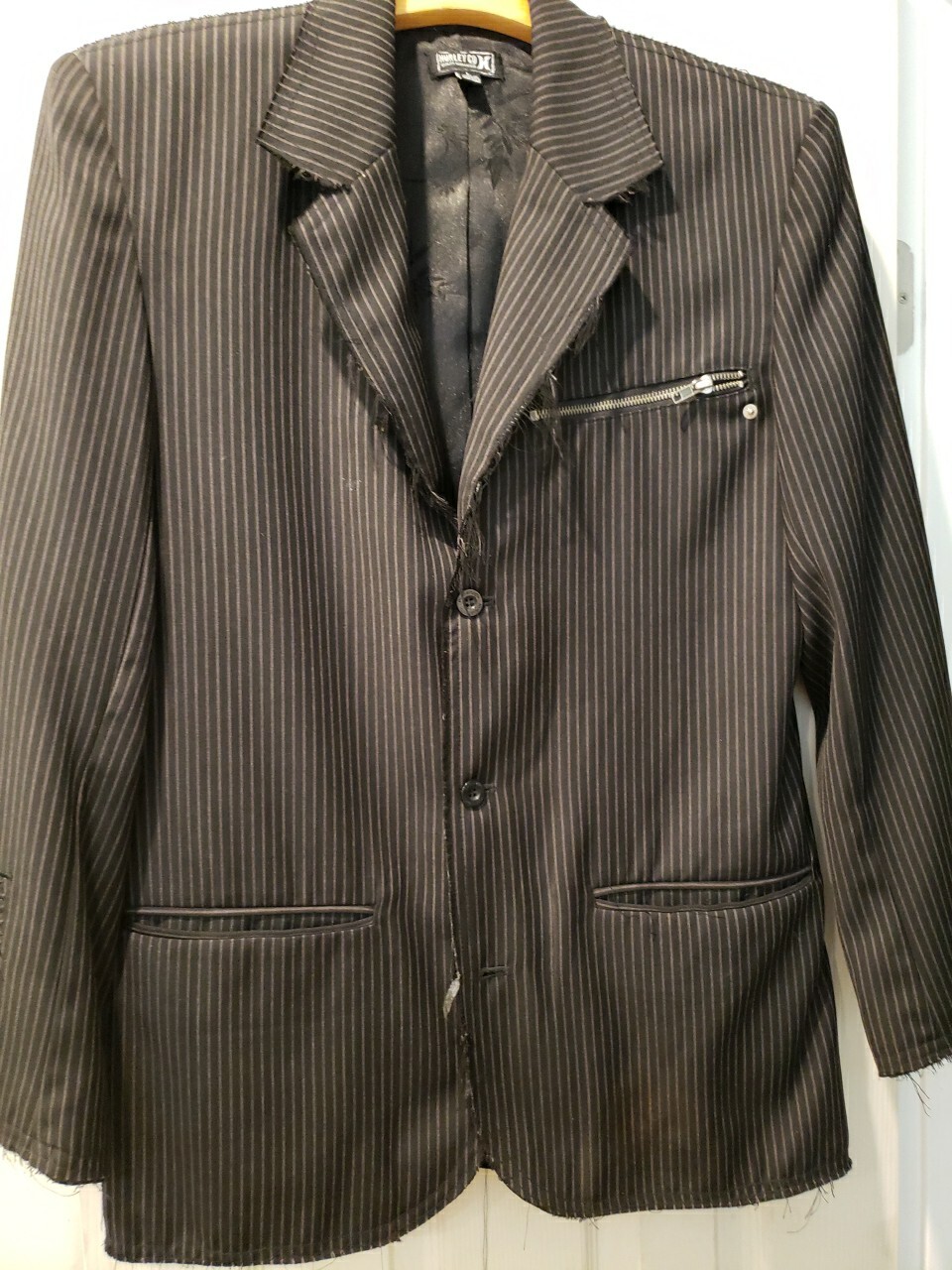 Hurley Edgy Distressed Sport Suit Jacket Button Up Black Stripe Goth Frayed L