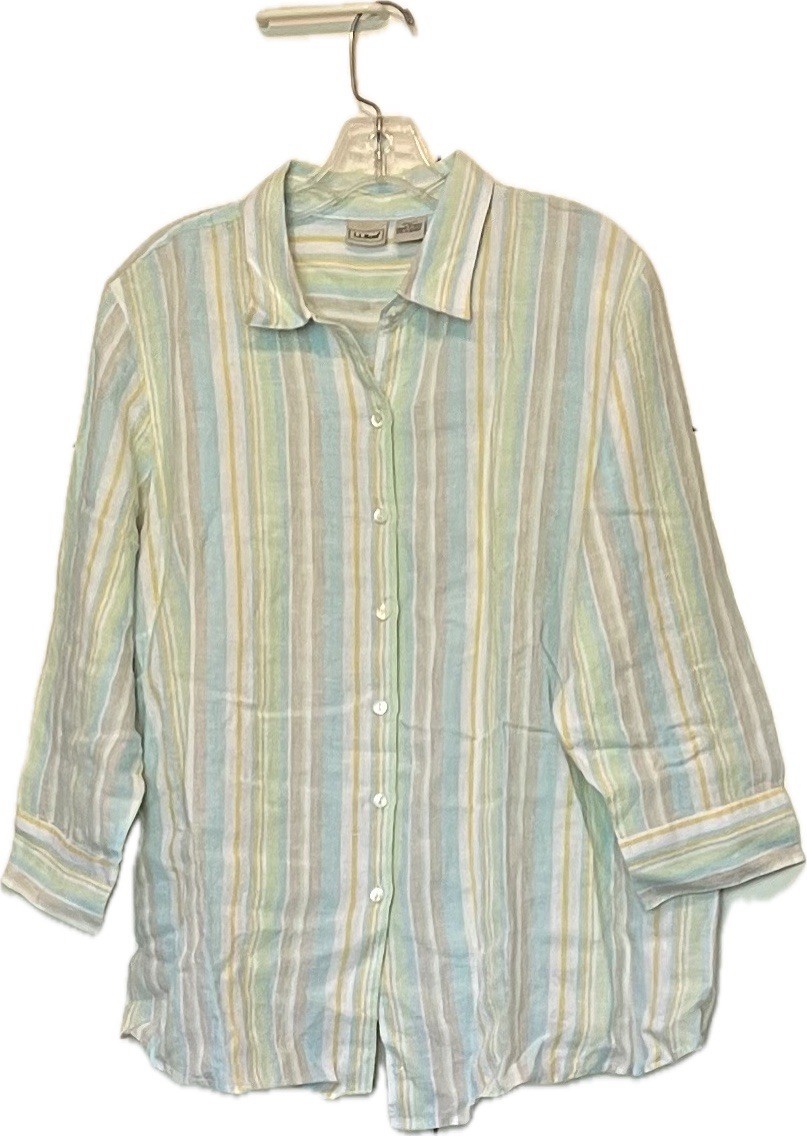 LL Bean Women’s Plus Size 1X 100% Linen Striped 3/4 Sleeve Button-Up Shirt EUC