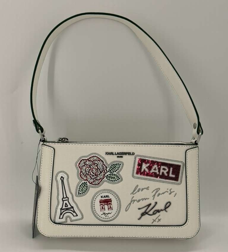 KARL LAGERFELD White Small Shoulder Bag Zip, Paris Graphic Applique Strap