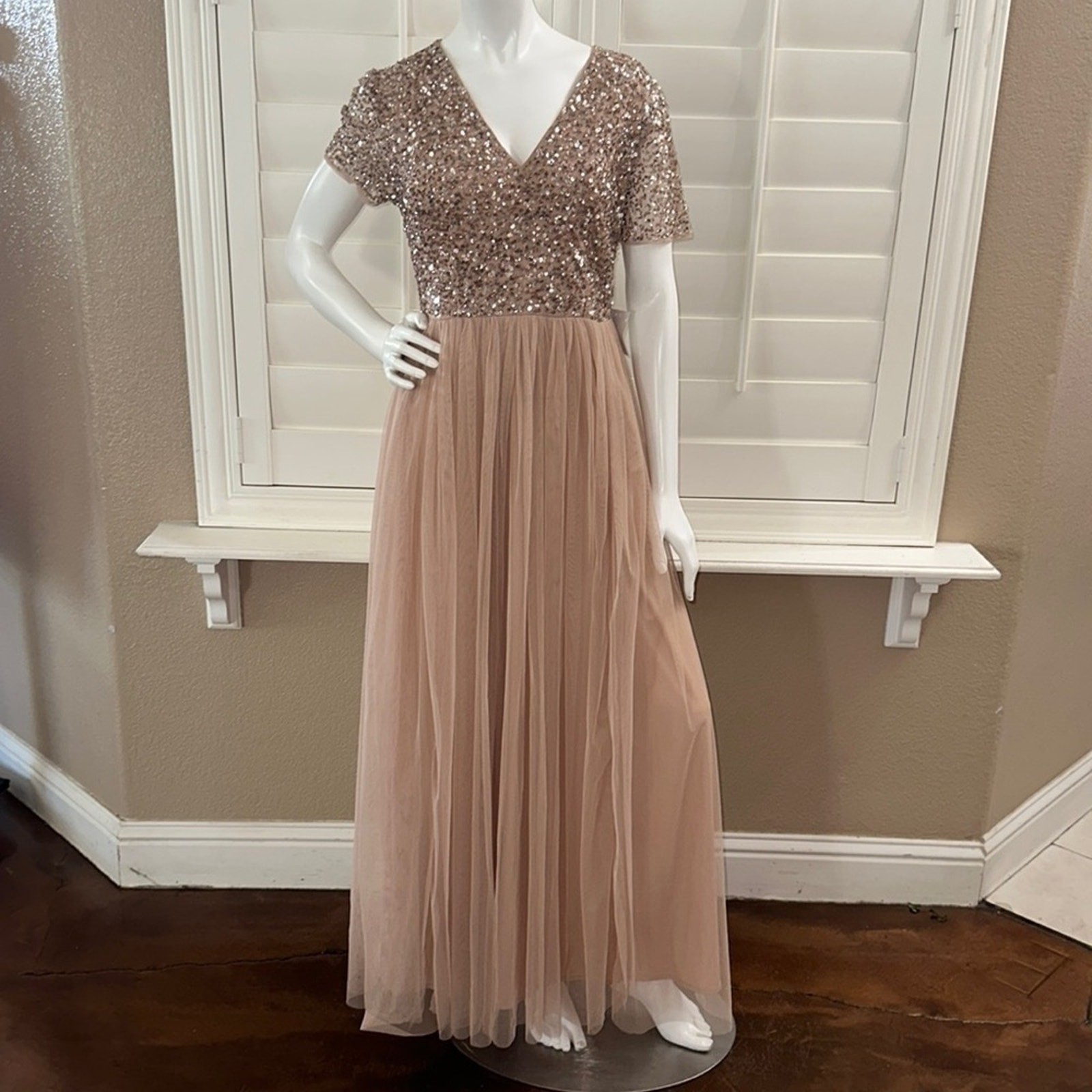 NWT Maya Petite Bridesmaid Short Sleeve Maxi Tulle Dress Blush Sz 8