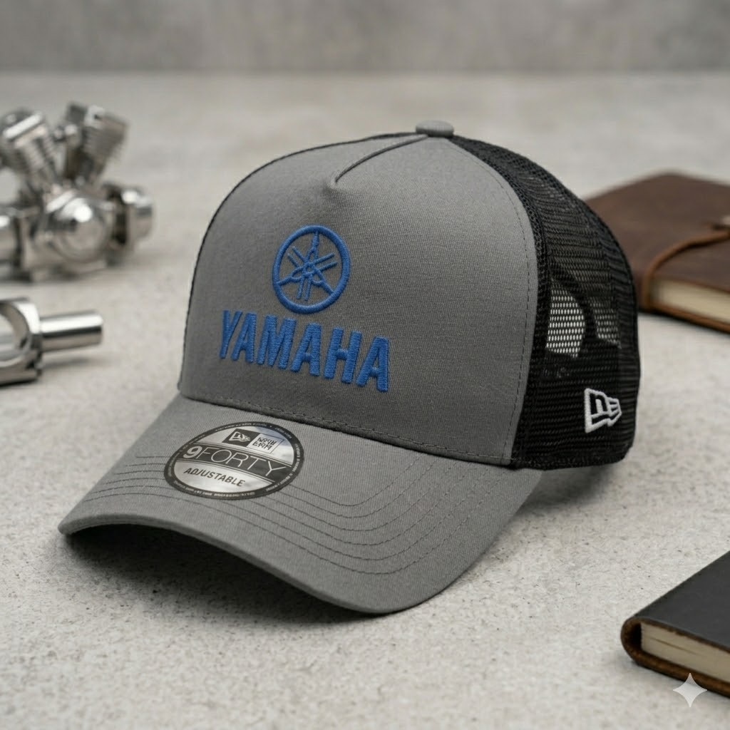 Yamaha Logo 2D Flat Embroidered Trucker Hat Grey Black Mesh Cap Adjustable